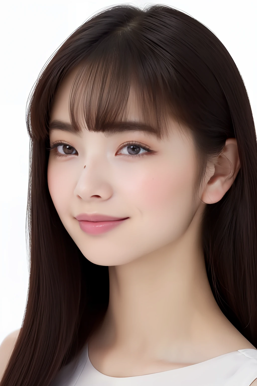 ((masterpiece, top quality, high definition)), 1 girl, (photorealistic: 1.4), solo, white background, snow-white background, mouth closed, happy smile, happy smile, pretty braun hair, long hair, big eyes, clear double eyelids, eyelashes, ears out, long neck, long neck, absolute area, ((face close-up)), (drawing all head, shoulders), 19 years old, Attractive proportions, shiny skin, clean collarbone, golden ratio face, perfect face, teardrop mole, mole on chest, lip gloss, pale lips, pale skin, naked, big breasts, small face, small face, draw all head, draw all shoulders, from side, gaze staring at the camera