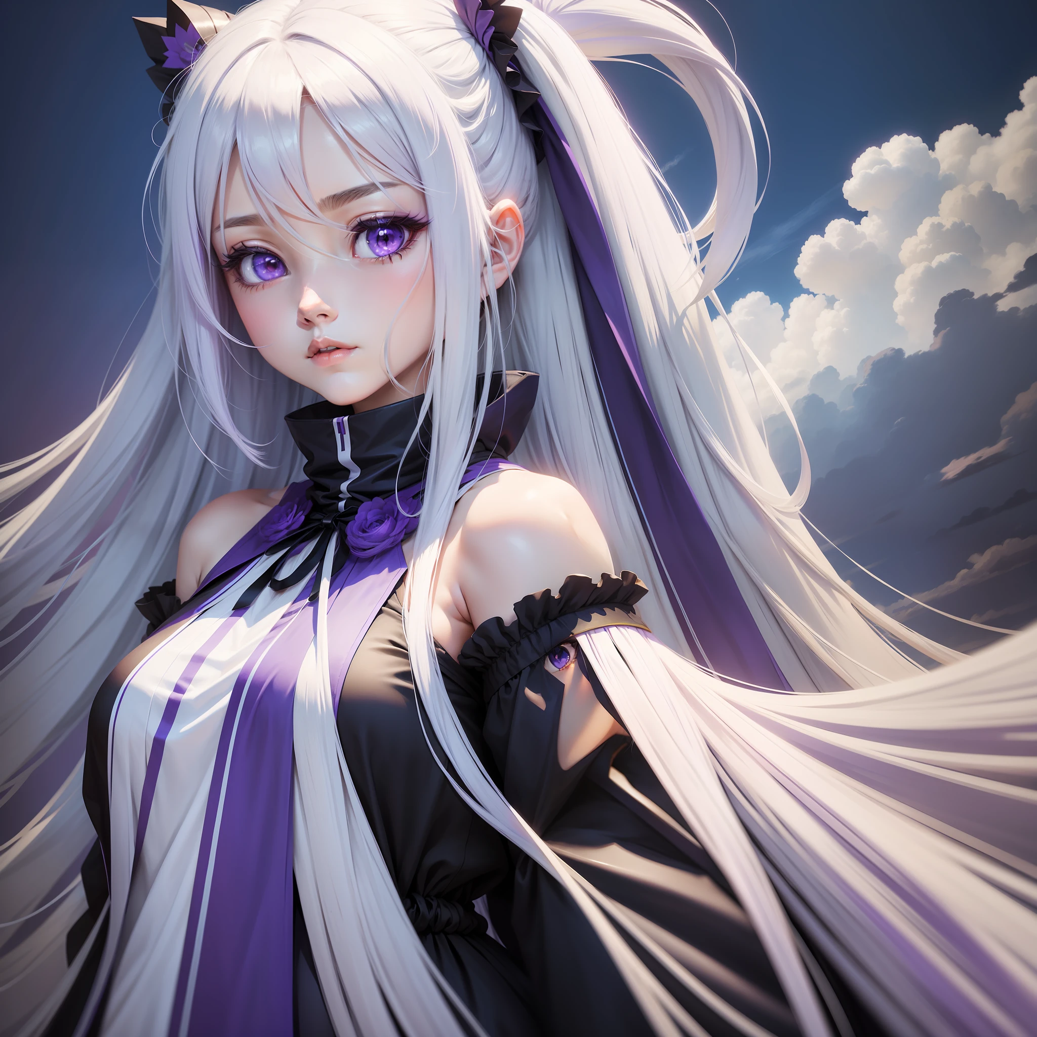 Anime girl with long white hair and purple eyes in front of blue background