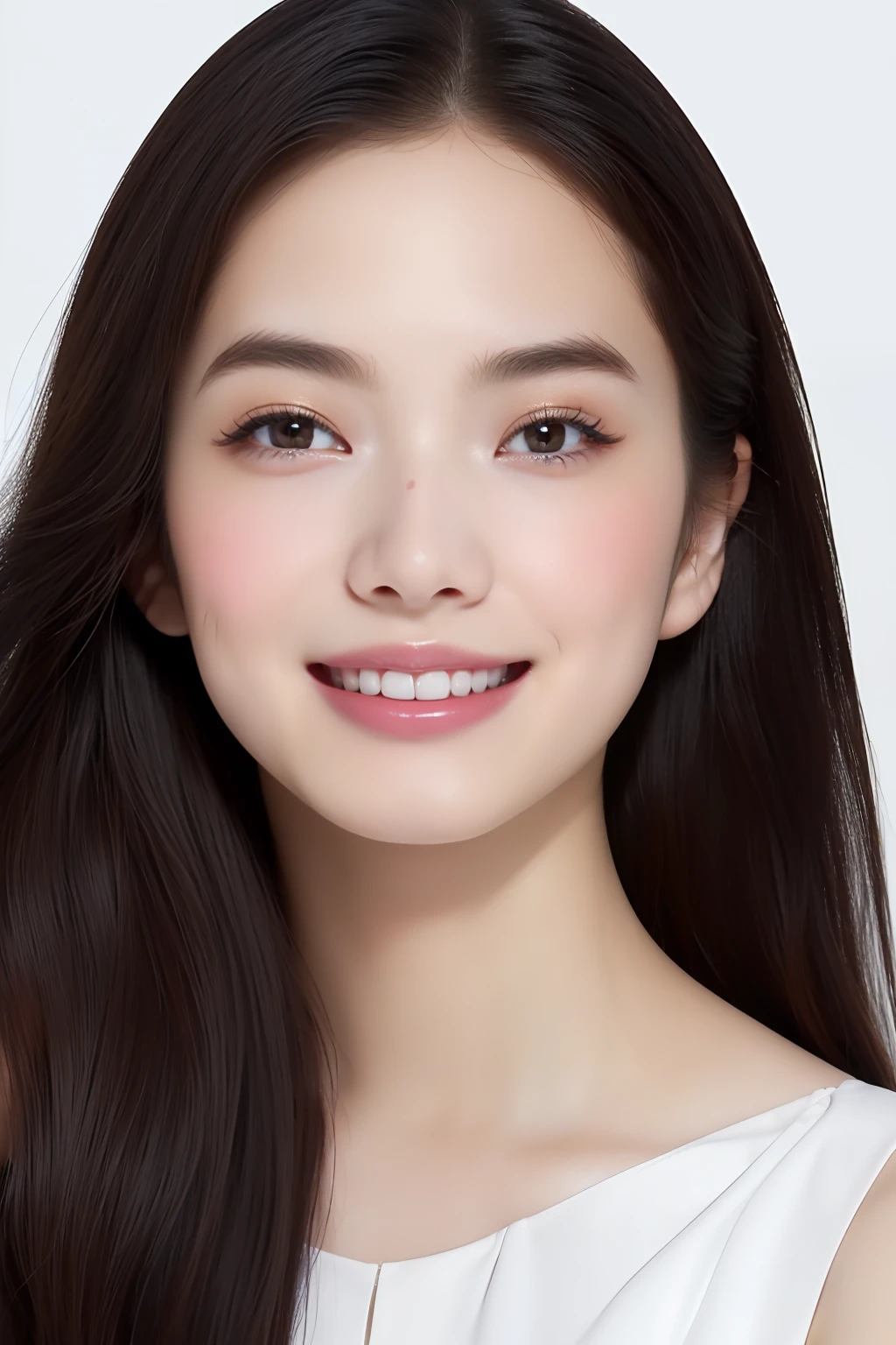 ((masterpiece, top quality, high definition)), 1 girl, (photorealistic: 1.4), solo, white background, snow-white background, mouth closed, happy smile, happy smile, pretty braun hair, long hair, big eyes, clear double eyelids, eyelashes, ears out, long neck, long neck, absolute area, ((face close-up)), (drawing all head, shoulders), 19 years old, Attractive proportions, shiny skin, clean collarbone, golden ratio face, perfect face, teardrop mole, mole on chest, lip gloss, pale lips, pale skin, naked, big breasts, small face, small face, draw all head, draw all shoulders, from side, gaze staring at the camera