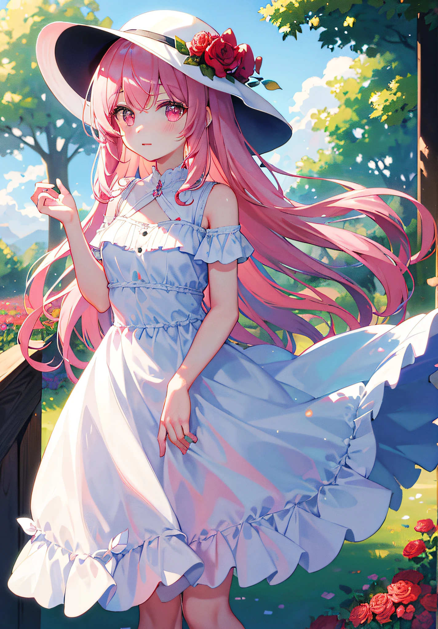 ((Masterpiece, Best quality)), 1girll, flower, Solo, dress, Holding, sky, Cloud, Hat, Outdoors, bangs, Bouquet, Rose, Expressionless, Blush, Pink hair, flower  field, Red flower, Pink eyes, White dress, view the viewer, medium haired, holding flower, Small breasts, Red rose, holding flower bouquet, Sun hat, White headwear, Depth of field,