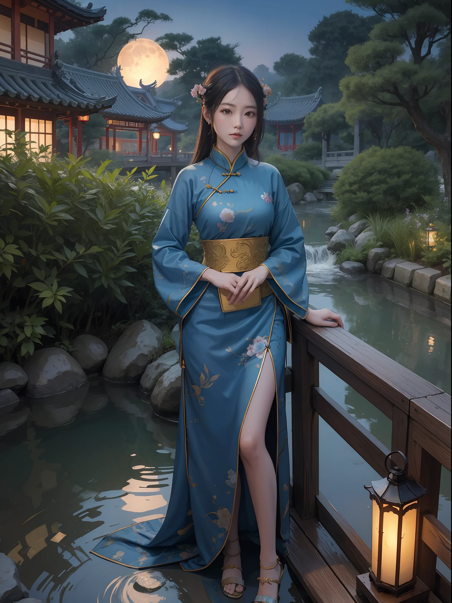 （real photograph，8K，illustrious）Chinese solar terms，Autumn，eventide，Night scene，themoon，The beautiful beauty of the Tang Dynasty，the Tang Dynasty，Beautiful woman，Beautuful Women，chinese yard，Through the window，small bridge flowing water，Suzhou Garden，Southern Chinese style，Small bridges and flowing water，depth of fields，largeaperture，telephoto lenses