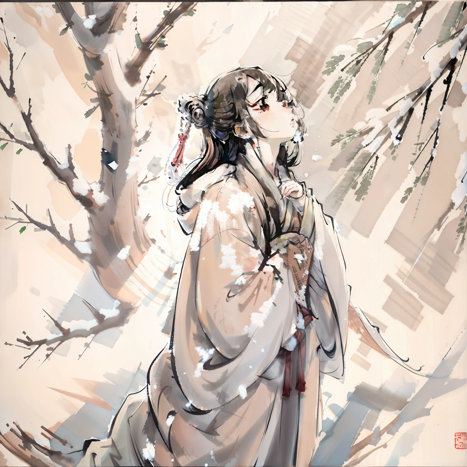 A woman in the snow,Look up at the prayer tree,had his hands folded,Traditional chinese painting