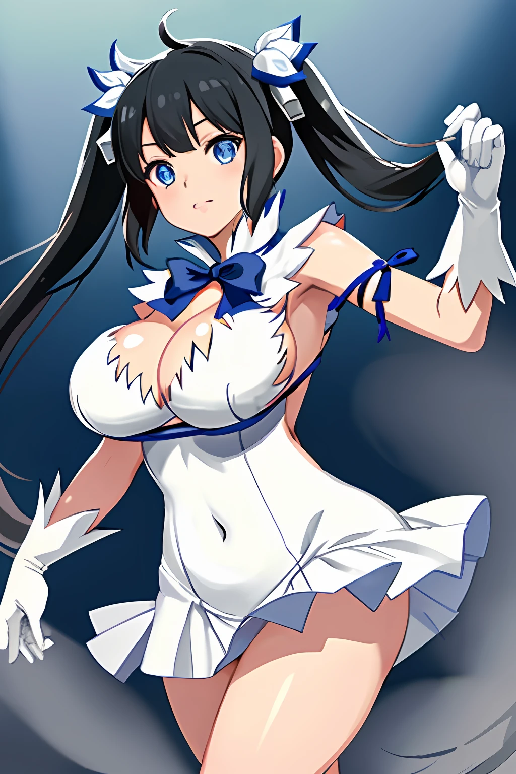 masterpiece, best quality BREAK solo, hestia \(danmachi\), breasts, long hair, blue ribbon, twintails, gloves, ribbon, dress, rei no himo, large breasts, blue eyes, black hair, white gloves, cleavage, white dress, hair ribbon, bow, sleeveless, sleeveless dress, bangs, cleavage cutout, hair ornament, bowtie, clothing cutout, very long hair, covered navel, arm ribbon,