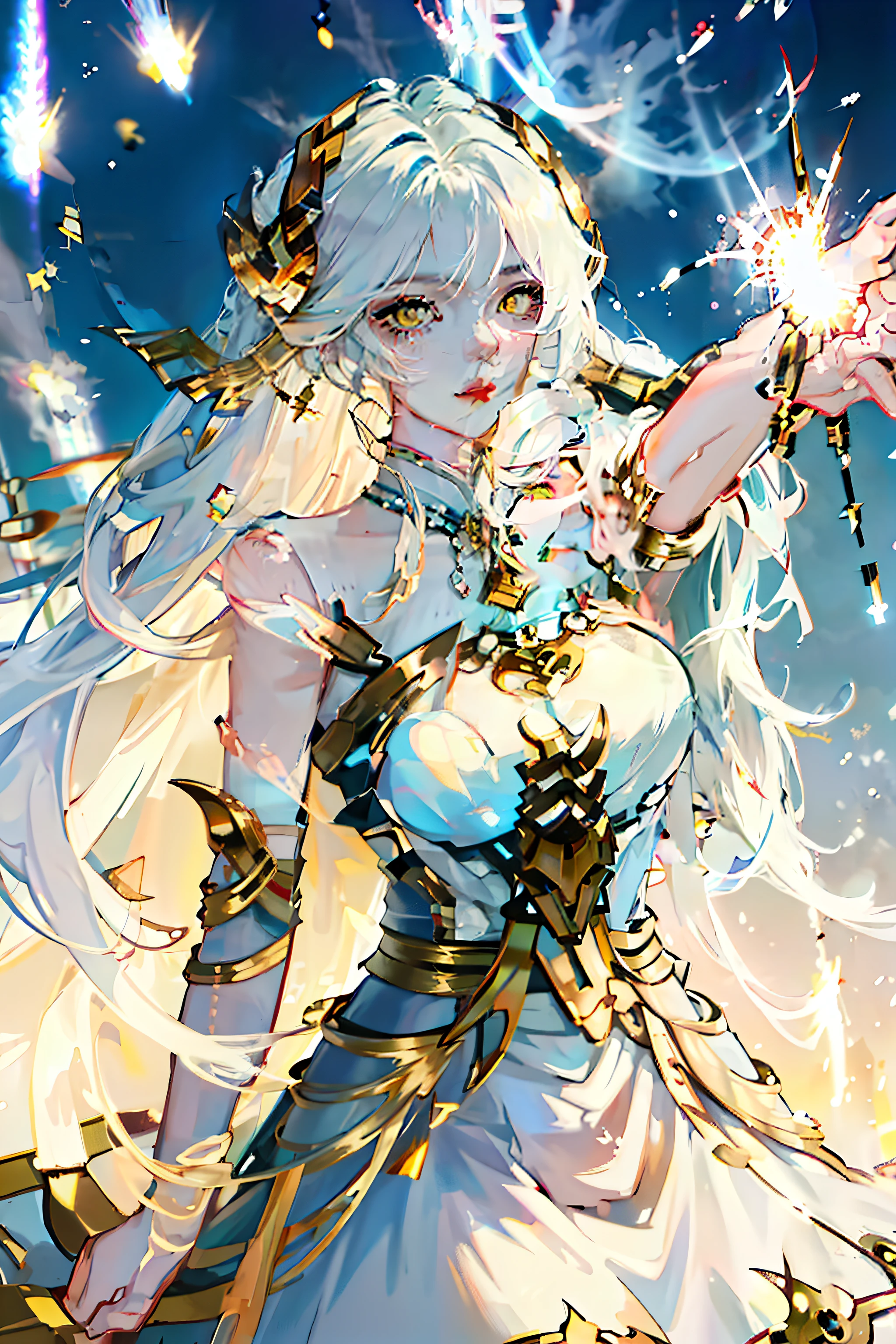 masterpiece, best quality,
1girl, solo, (motion lines:1.1), bloom, cinematic lighting, full body, white hair, yellow eyes, intricate skirt, (fighting:1.2), angry, (thunder:1.3), (flying sparks), dynamic angle