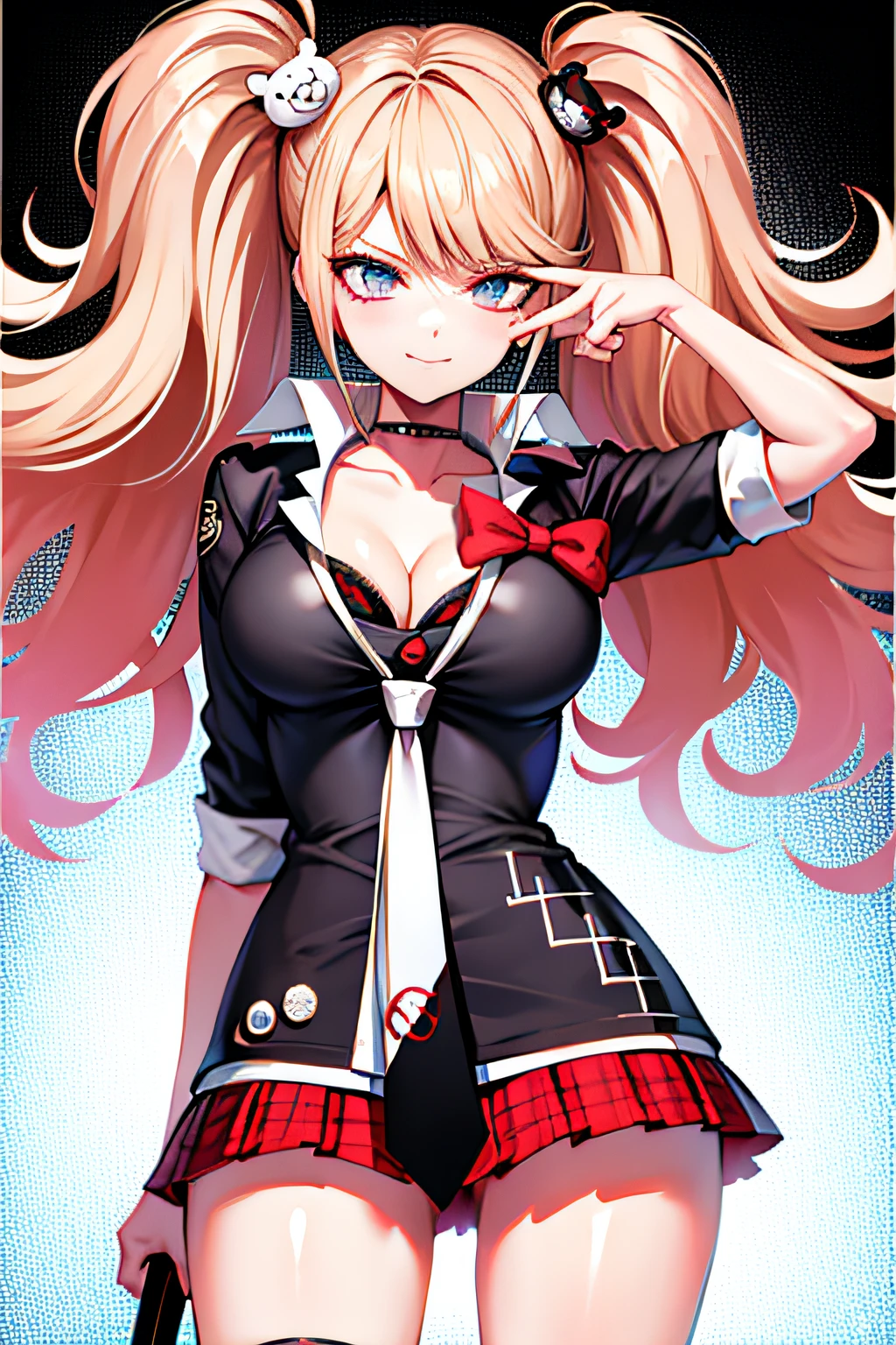 junko enoshima, blonde long hair, 1girl, twintails, solo, breasts, blue eyes, cleavage, collarbone, large breasts, bangs, blush, closed mouth, smirk, looking at viewer, upper body, bear hair ornament, nail polish, red nails, red bow, black shirt, underwear, choker, black bra, sleeves rolled up, white necktie, pleated plaid red skirt, school uniform, black cross-laced knee boots, shiny, shiny hair, botw style,