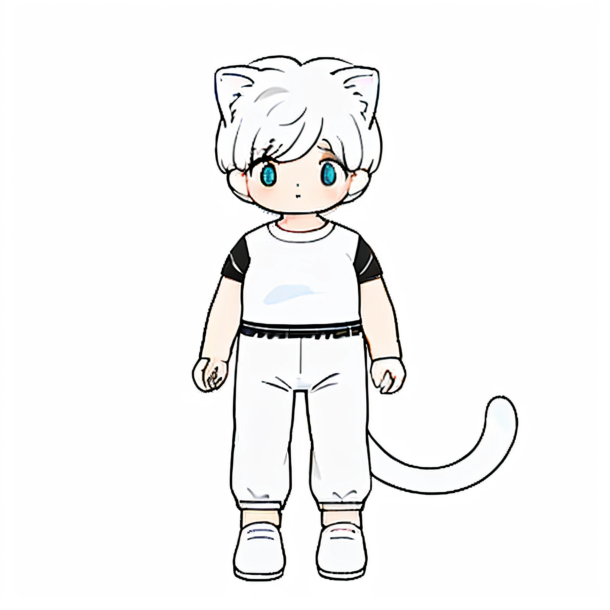 Painting of a cat in a white shirt and black pants, Boy with cat ears and tail, Single character full body, full body adoptable, White Cat Girl, emo boy with cat ears and tail, full body portrait of a short!, full body single character, full body character, character adoptable, anime style character, White ( cat ) Girl, anime cat, full body mascot