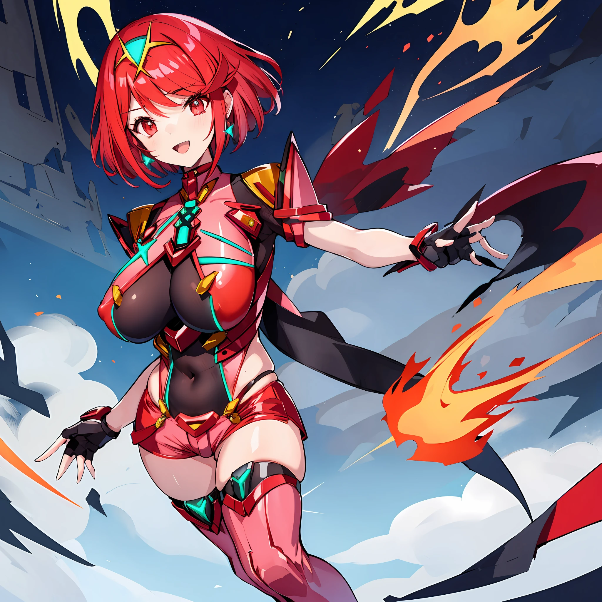 pyra \(xenoblade\), _1girl, armor, bangs, black gloves, breasts, red eyes, closed mouth, earrings, eyelashes, fingerless gloves, floating hair, framed breasts, gem, gloves, hair ornament, headpiece, jewelry, big_breasts, leaning back, leotard, neon trim, official art, pose, red hair, red shorts, saitou masatsugu, short hair, short shorts, short sleeves, shorts, sidelocks, skin tight, solo, standing, swept bangs, thighhighs, tiara, night_prairie_background, turtleneck, underbust, vambraces, xenoblade chronicles \(series\), (xenoblade chronicles 2), apart_legs, fire_effect,dynamic_pose_fighting,light_smile, (plump:1.1), big_ass,huge_sword, hold_large_sword_hilt, solo, covered_nipples, covered_pussy,open_mouth,