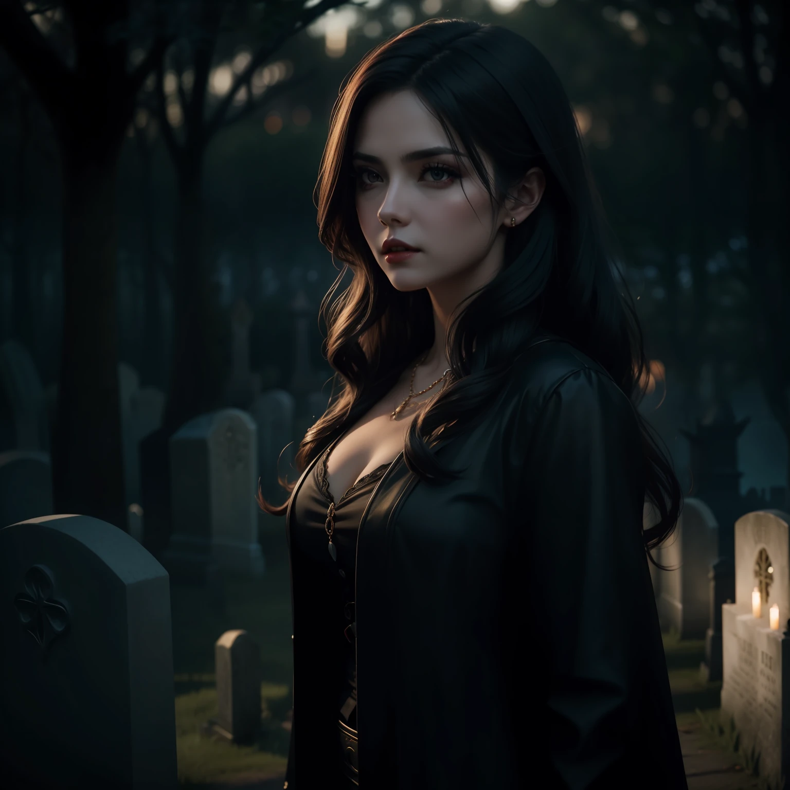 Beautiful woman with vampire vibes on a cemetery background bokeh cinematic dark lighting 16k realistic and lot of detail