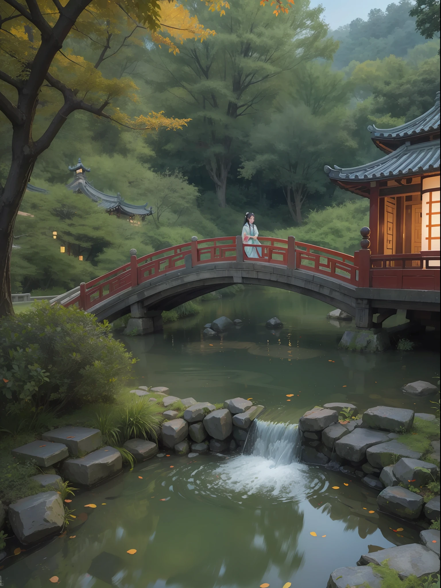 (real photograph,8K,illustrious)Chinese solar terms,Autumn,eventide,Night scene,themoon,The beautiful beauty of the Tang Dynasty,the Tang Dynasty,Beautiful woman,Beautuful Women,chinese yard,Through the window,small bridge flowing water,Suzhou Garden,Southern Chinese style,Small bridges and flowing water,depth of fields,largeaperture,telephoto lenses