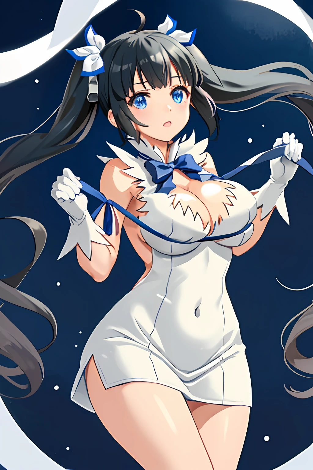 masterpiece, best quality BREAK solo, hestia \(danmachi\), breasts, long hair, blue ribbon, twintails, gloves, ribbon, dress, rei no himo, large breasts, blue eyes, black hair, white gloves, cleavage, white dress, hair ribbon, bow, sleeveless, sleeveless dress, bangs, cleavage cutout, hair ornament, bowtie, clothing cutout, very long hair, covered navel, arm ribbon,