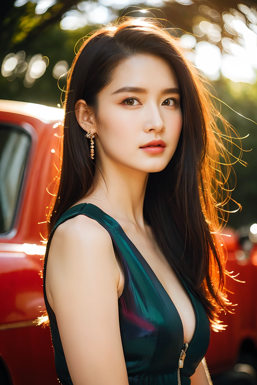 masterpiece, best quality, 1girl, aqua eyes, black hair, closed mouth, multicolored background, looking at viewer, outdoors, solo, upper body, alluring, clean, beautiful face, pure face, pale skin, sexy pose,((luxury dress, breasts slit)), long hair, ((perfect female figure)), mature female, milf, narrow waist, chinese deity, seductive, highly detailed,best quality, masterpiece, highres, original, extremely detailed 8K, wallpaper, masterpiece, best quality, illustration, beautifully detailed eyes, cinematic lighting, earrings, jewelry,