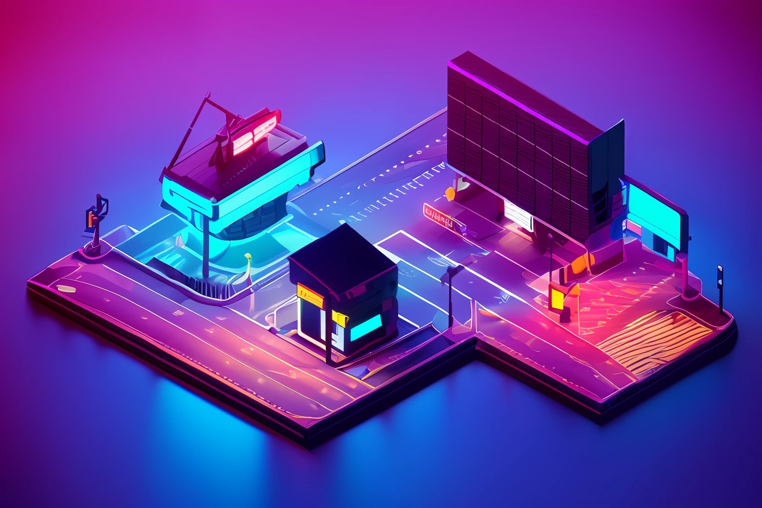dskise, (isometry), (Neon), (vaporwave), Isometric cross-section of the airport in Tokyo, voluminous lighting, (unreal engine), The dender's, dskise