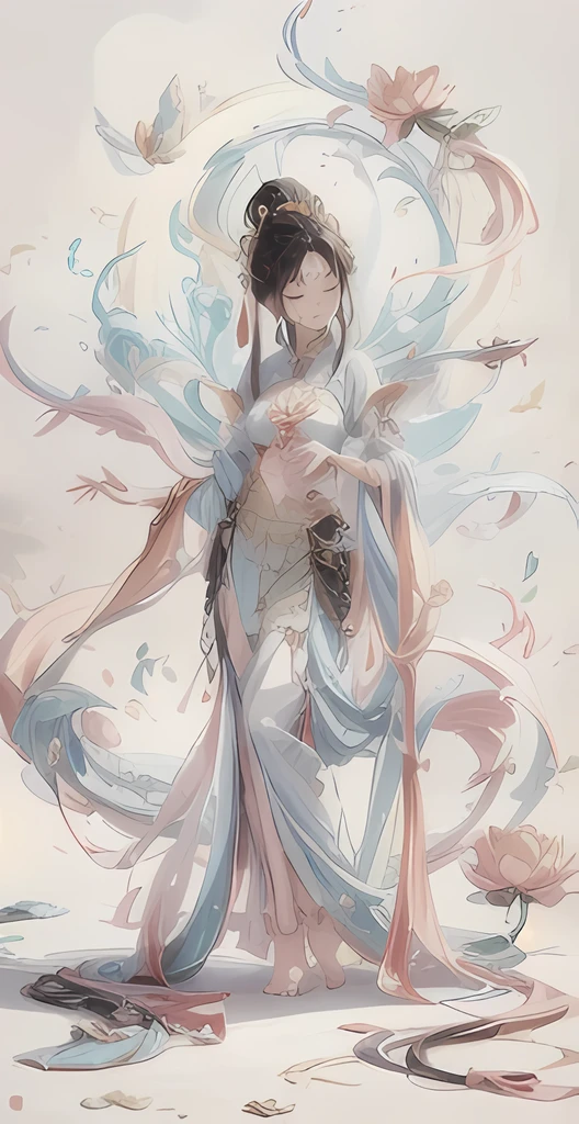 A large painting，A woman holds a lotus flower in her hand, 1girll, Black hair, Barefoot, Long hair, Closed eyes，ssmile