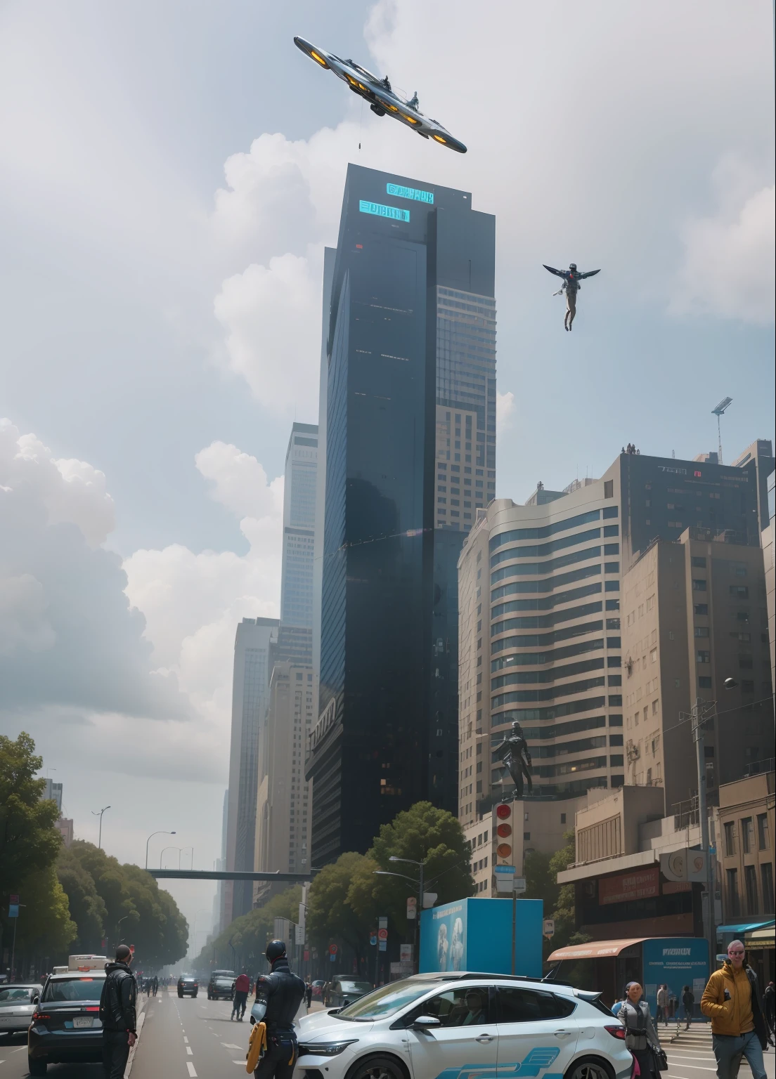 photo of 5 cybernetic people, smiling, cheerful, in a city of the future, cars flying in the background, people walking, androids in the background, futuristic, detailed, deep, realistic, internet, hot dog stand