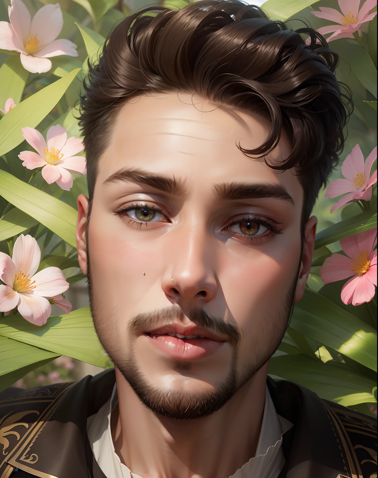 Change background beautiful garden with flowers, handsome boy, cute boy, realistic face, 8k , ultra realistic,