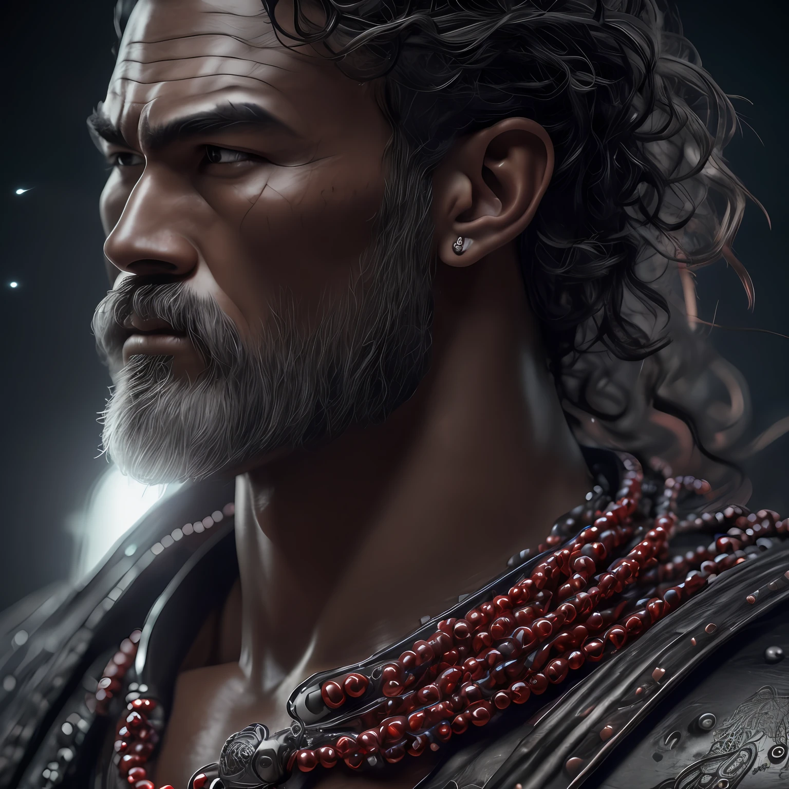 ((best quality)), ((masterpiece)), (detailed), highly detailed, (ultra-detailed), 8K resolution, (ultra-detailed eyes), a tall and muscular japanese Demon with a long curly and dark hair, Red sky, (Shiny Gray Beads Around His Neck), (dark atmosphere:1.2), scars, (beautifully detailed glow:1.2), (High Quality lightning), intricate detail, highres, (detailed facial features), (ultra-detailed skin texture), (pbr textures), detailed background, stylish pose, dynamic pose, ((phisically-based rendering)
