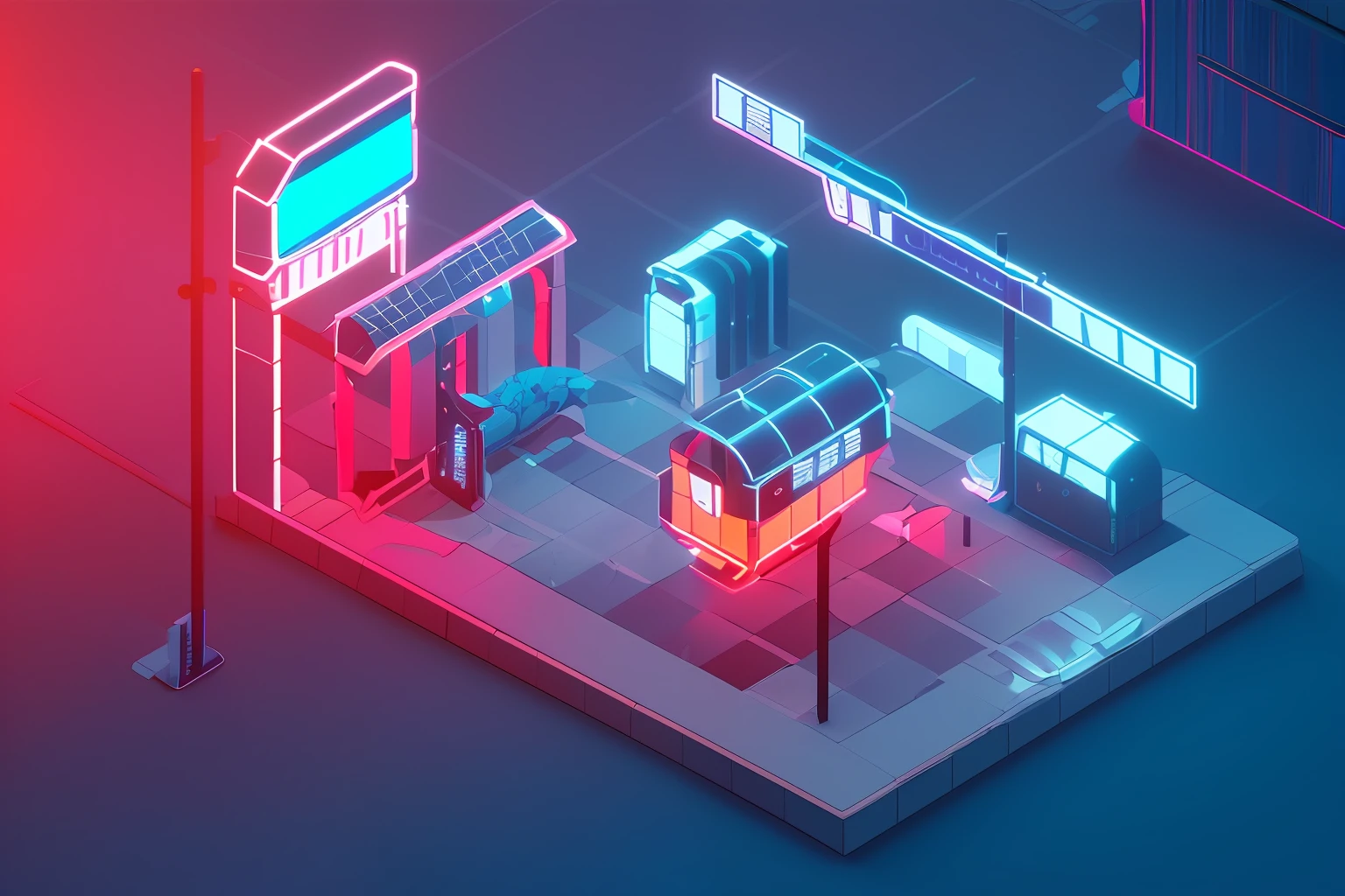 dskise, (isometry), (Neon), (vaporwave), Isometric cross-section of the airport in Tokyo, voluminous lighting, (unreal engine), The dender's, dskise