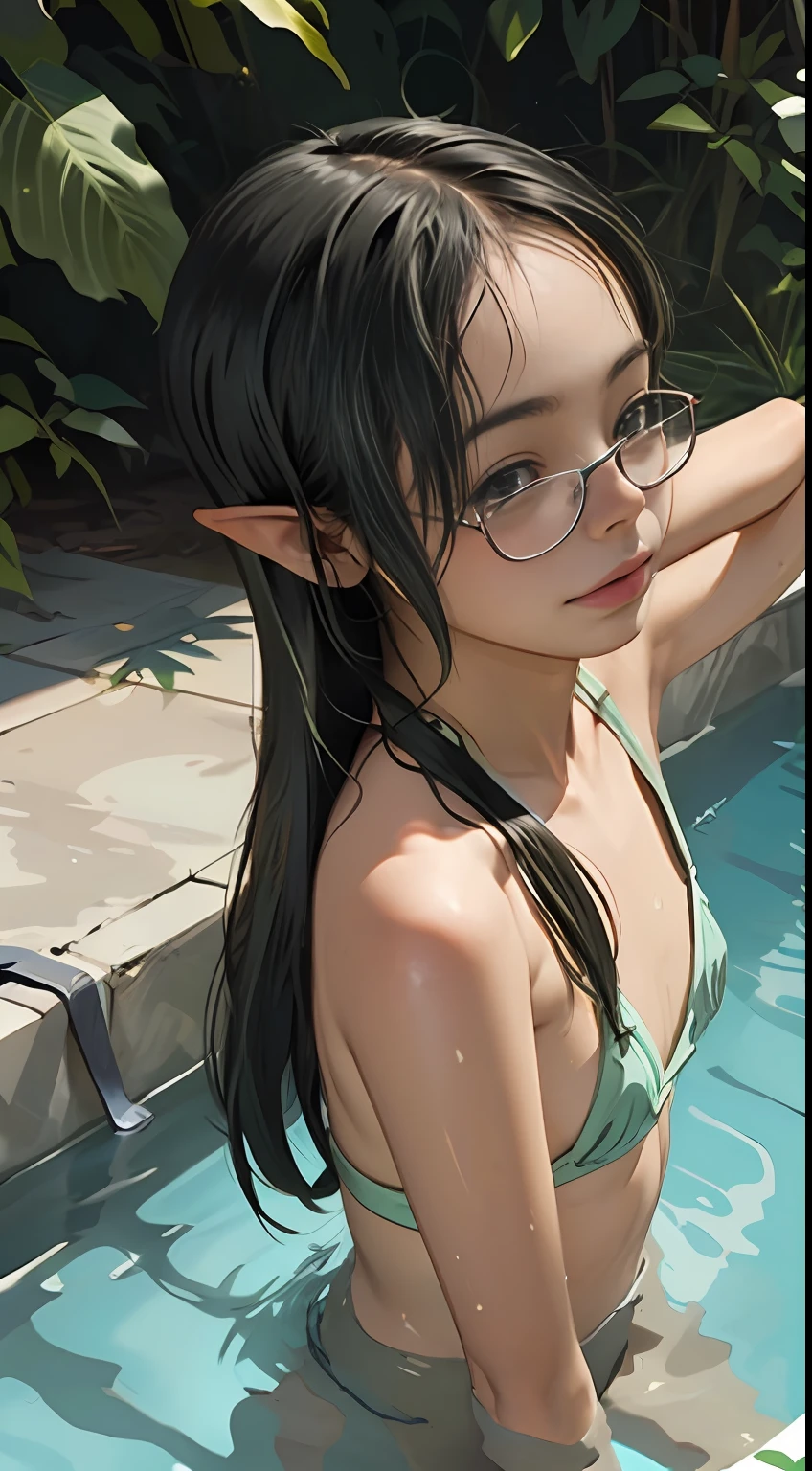 ,Pool opening、Twin-tailed、Green-haired elf、Round glasses、The bikini、Gravure Pose、Wet hair