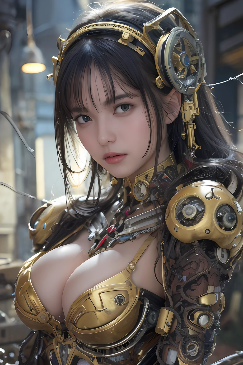 Top Quality, Masterpiece, Ultra High Resolution, (Photorealistic: 1.4), Raw Photo, 1 Girl, Black Hair, Glossy Skin, 1 Mechanical Girl, (Ultra Realistic Details)), Portrait, Global Illumination, Shadows, Octane Rendering, 8K, Ultra Sharp, Big, Cleavage Exposed Raw Skin, Metal, Detail of Intricate Ornaments, steampunk details, analog meters, gears, gears, golden hydraulic cylinders, very intricate details, realistic light, CGSoation trends, green eyes, glowing eyes, facing the camera, neon details, mechanical limbs, blood vessels connected to tubes, mechanical vertebrae attached to the back, mechanical cervical attachment to the neck, sitting, wires and cables connecting to the head, Gundam, small LED lamps,