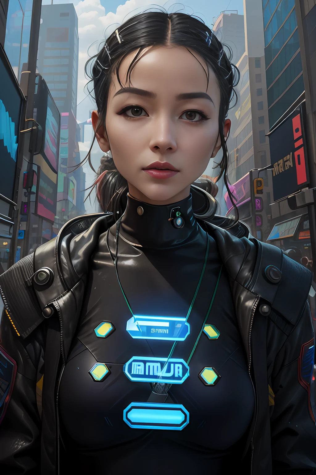 A woman in a futuristic suit stands in the city, Hyper-realistic cyberpunk style, the cyberpunk girl portrait, portrait of a sci - fi woman, cyborg fashion model, Cyberpunk Style , Hyperrealistic, cyborg fashion shot, portrait of a cyberpunk cyborg, beautiful cyberpunk woman model, Cyberpunk woman, Cyberpunk 2 0 y. o model girl, cyberpunk portrait, cgsociety cyberpunk