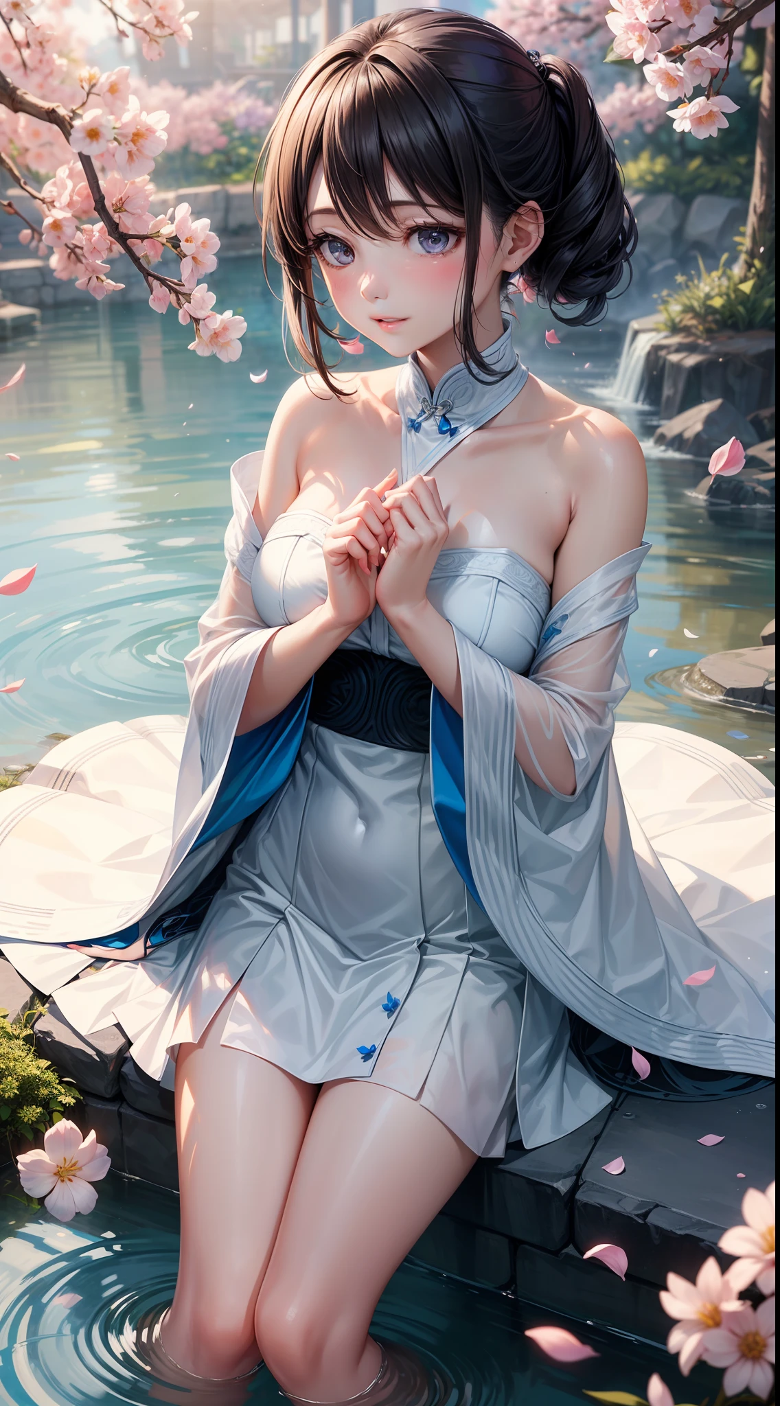 In the spring sun，She is as delicate as a flower petal，That shy look，It was as if the whole world had slowed down，Only she was there，Bloom quietly。 Her face is like the rising sun，That faint pink，Reminiscent of peach blossoms in the early morning。Her eyes were like twinkling stars，The deep black reveals an elusive mystery。These eyes are when shy，Will hang down half，Only a curved crescent shape remains，Make people want to keep looking inside，Discover the secrets of that depths。 Her demeanor has the gentleness of a virgin，Every step is like falling petals，Light and discreet。The voice in which she spoke，It's like a stream gently flowing through a stone，That soft and sweet voice，As if it can melt the hardest heart。 When she laughed，Like a spring breeze gently blowing through the fields，It fills people's hearts with warmth。And when she lowered her head shyly，Her cheeks would glow a thin shade of red，It was an unspeakable innocence and shyness。 Her heart is full of passion and dreams，It's just that she's ashamed to express，Often keep them in the back of their hearts。Her shyness is her most unique brilliance，Make her unique among all，It's unforgettable。 Her shyness，It is an innocence，It is a kind of introversion，It's an emotion，It makes her beauty even more moving，More radiant。It's like a spring flower，Although shy，But still enthusiastically open，Her shyness also makes her more real，More glamorous。，Top-down view，（Digital artwork：1.3），（a sketch：1.1）（（Octane rendering）），the city street，High-rise tail alley，（Shy girl，low head，Hold your index fingers in front of your chest and touch each other，is shy，Be red in the face），（（JK school uniform，short detailed hair）），（Full body like：1.4），Realistic digital painting portrait，shot at 8k resolution，petrol liquid，pastel colour，splashart，Pink and blue and purple petals，Lithography in intricate details，（light particules：1.2），（game concept：1.3），（depth of fields:1.3),Global illumination,detail-rich,Trends on ArtStation，（（illustrious）），super-