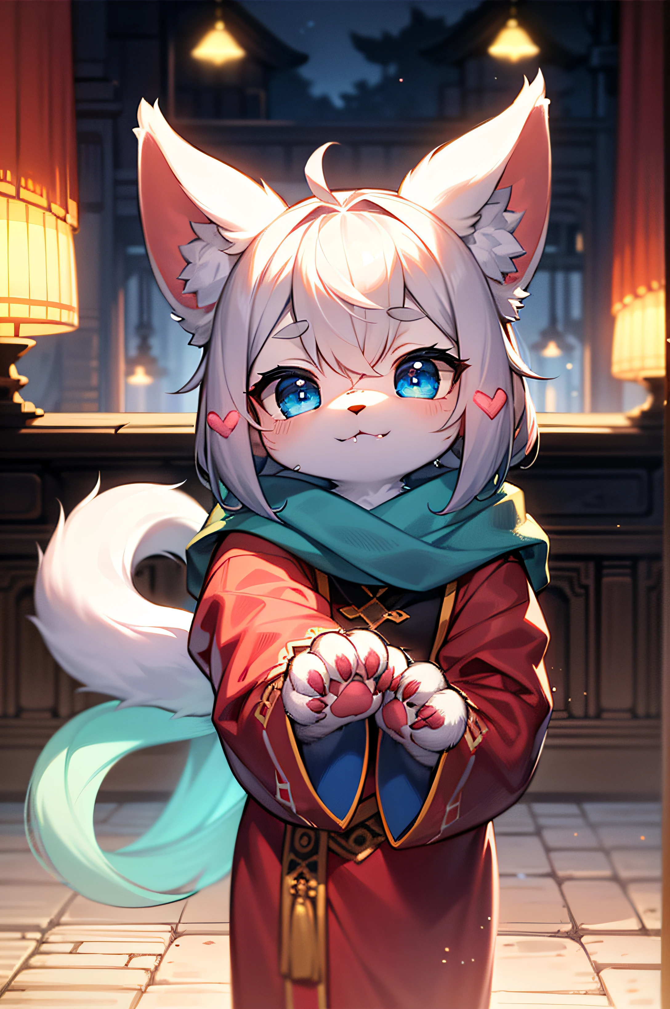 Furry, white fur, super cute face, blue elements on fur, beautiful lights and shadows, ambient light, super fine fur, volumetric light, animal focus, zhengtai, pink flesh pad, kawaii, hairy, two ears, leaking four fingered paws, leaking four fingered palms,