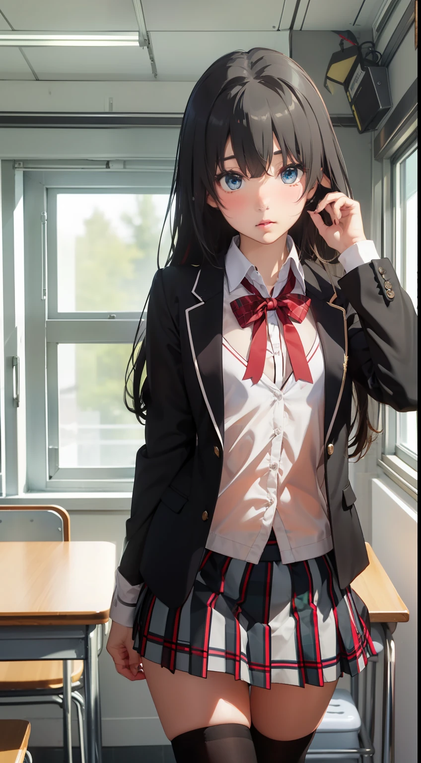 A masterpiece、beste-Quality、Ultra-detailded、Realstic、hyper detailled、(perfect anatomy)、1girl、solo、black hair、ahoge、blue eyes、slender body、((small tits))、((small buttocks))、Embarrassed blush、gleaming skin、(transparent polyvinylidene chloride)、(((Sheer)))、((see-through school uniform)、(see-through plaid skirt)、red bowtie)、(see-through thighhighs)