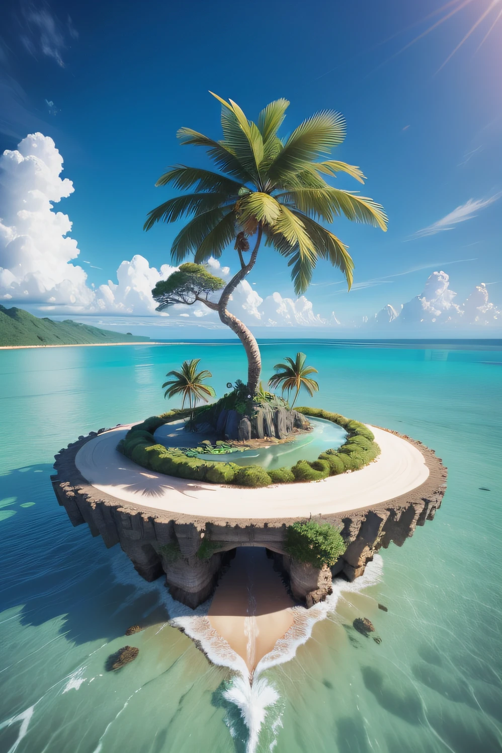 An ultra realistic image of a tropical tree on a islet in the middle of the sea