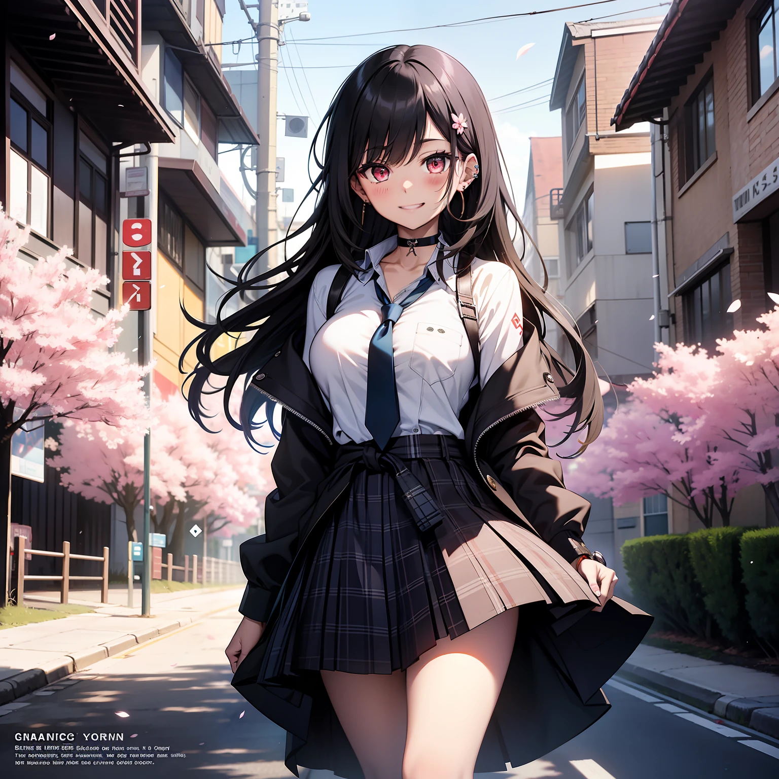 masterpiece, best quality, full body, 1girl, bangs, black choker, black necktie, black hair, blue skirt, blush, bracelet, breasts, choker, clothes around waist, collarbone, collared shirt, cowboy shot, dress shirt, ear piercing, eyebrows visible through hair, gradient hair, grin, gyaru, jewelry, kogal, long hair, looking at viewer, loose necktie, necktie, piercing, plaid, plaid skirt, pleated skirt, red eyes, ring, school uniform, shirt, skirt, smile, solo, white shirt, street, sky, cherry blossoms, petals,illustration, (magazine:1.3), (cover-style:1.3), fashionable, woman, vibrant, outfit, posing, front, colorful, dynamic, background, elements, confident, expression, holding, statement, accessory, majestic, coiled, around, touch, scene, text, cover, bold, attention-grabbing, title, stylish, font, catchy, headline, larger, striking, modern, trendy, focus, fashion,