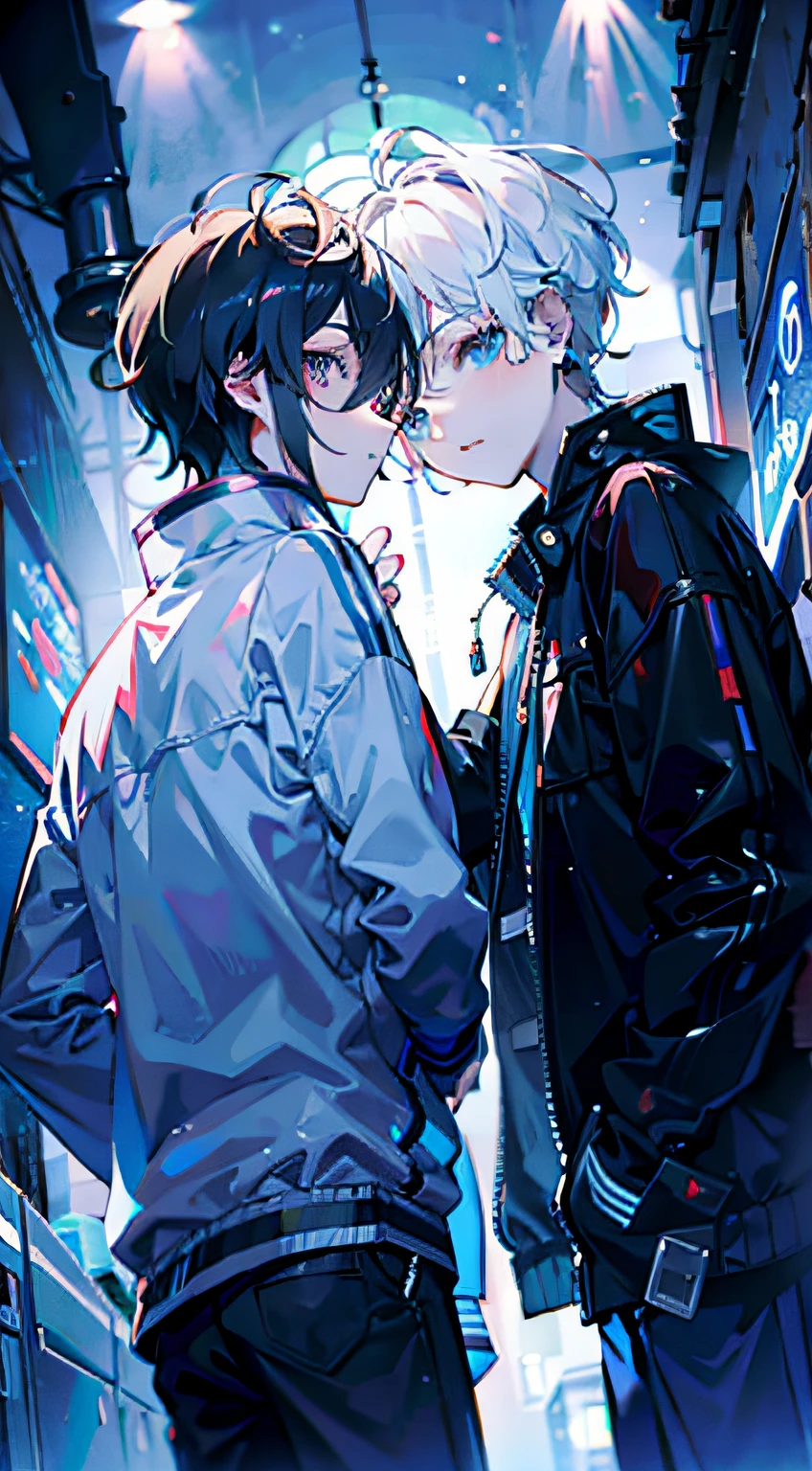 two boys with white and blue hair looking at each other in a dimly lit science museum, (((eye contact))), one has his head turned left, the other with his head turned right, (((only 2boys))), male focus, (((two boys gazing at each other))) AND white short hair boy, blue eyes AND brown short hair boy, brown eyes