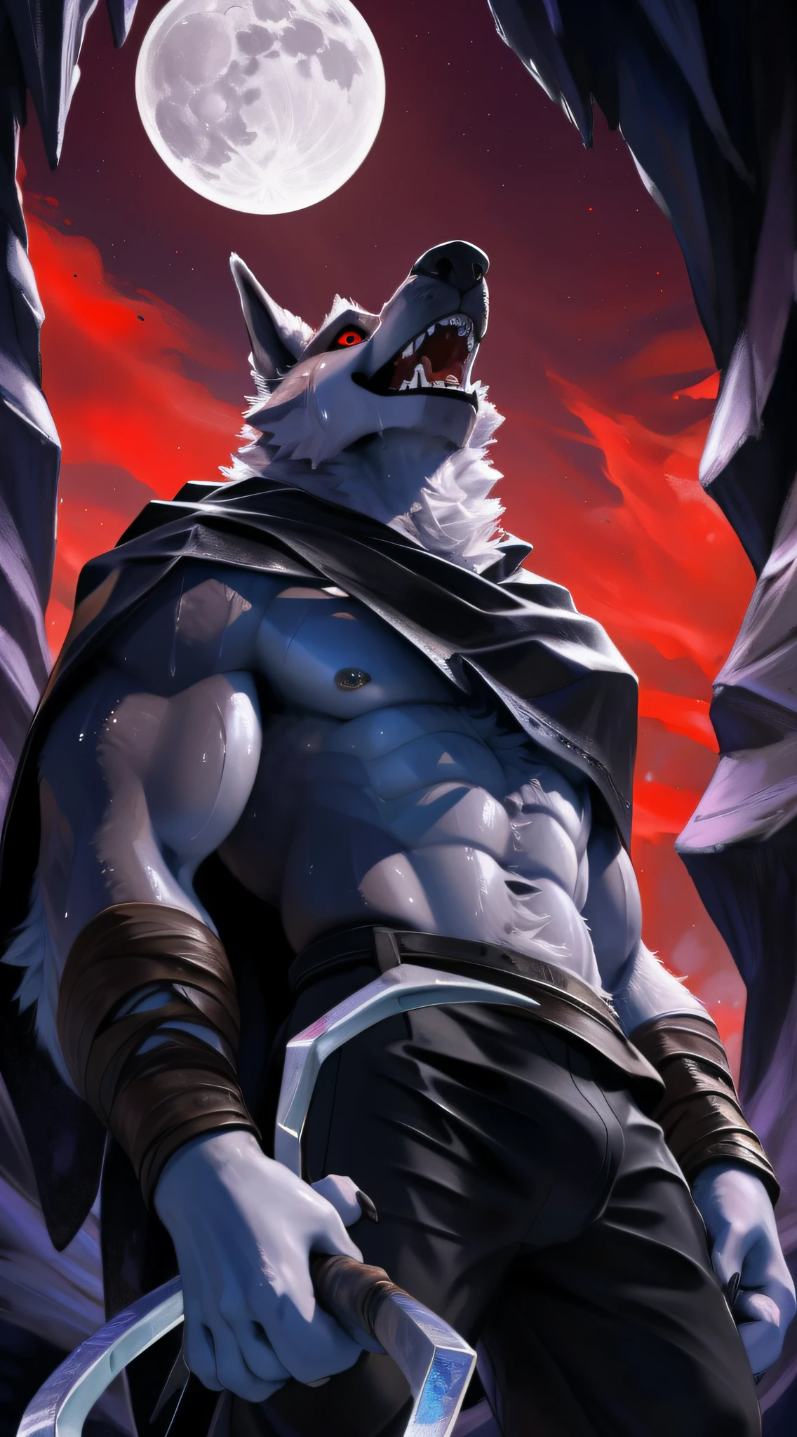 deathwolf, 1boy, solo, colored sclera, red eyes, furry, big long black old torn cloak, white fur, upper body shot, anthro, (frown:1.2), (howling:1.5), (opened wide eye:1.5), hand holding sickle, (looking upwards:1.5) , male, muscular, tall, muscular anthro, (sweat:1.4), muscular male, aged up, hi res, (bottomwear:1.2), 8k hd, extreme detail, detailed background, dark cave, red sky, bright big moon, by Pino Daeni, (by ruaidri), by virtyalfobo