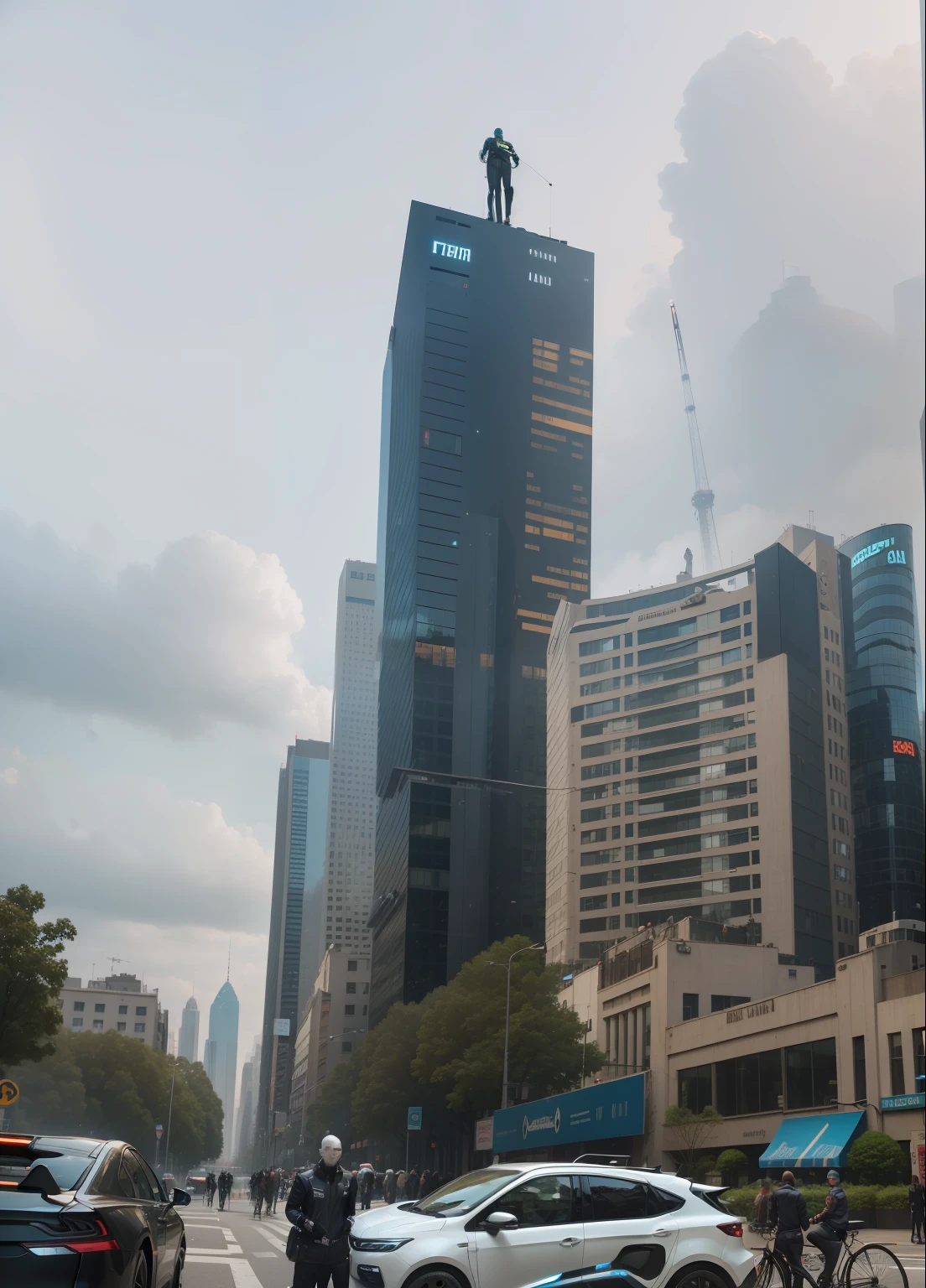 photo of 5 cybernetic people, smiling, cheerful, in a city of the future, cars flying in the background, people walking, androids in the background, futuristic, detailed, deep, realistic, internet, hot dog stand