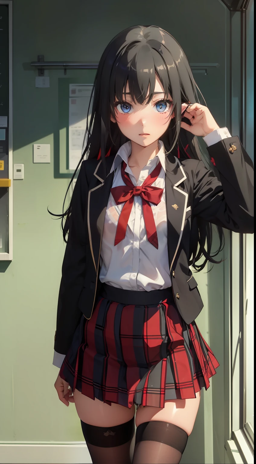 A masterpiece、beste-Quality、Ultra-detailded、Realstic、hyper detailled、(perfect anatomy)、1girl、solo、black hair、ahoge、blue eyes、slender body、((small tits))、((small buttocks))、Embarrassed blush、gleaming skin、(transparent polyvinylidene chloride)、(((Sheer)))、((see-through school uniform)、(see-through plaid skirt)、red bowtie)、(see-through thighhighs)