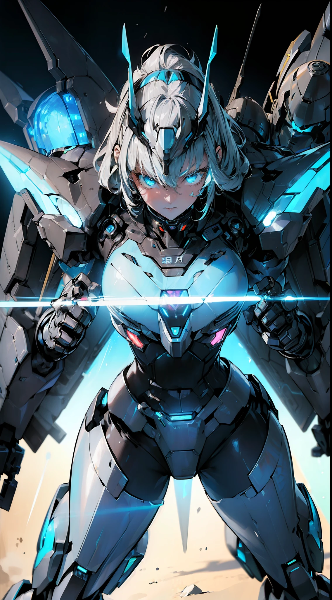 (mecha suit:1.5) female warrior, futuristic armor, detailed metal plating, glowing LED lights, (neon blue:1.3), (gun:1.2), dynamic action pose, battle-worn texture, sci-fi background with (holographic interface:1.1), inspired by (Masamune Shirow:1.2), Ghost in the Shell, sharp focus, powerful and elegant, intense stare