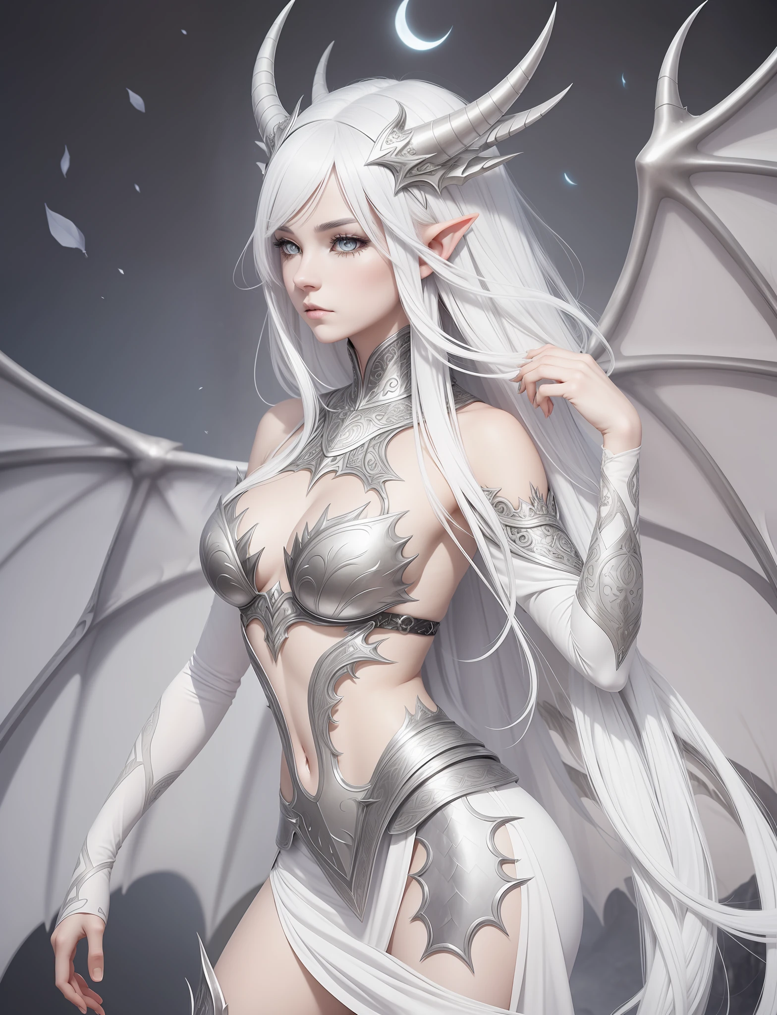 Fantasy art. Dragon Girl. 24 years old. serious face. white colored hair. gray eyes. Silver horns, Wings and tail. An abundance of silver. Silver scales. Long, pointed ears. white clothing