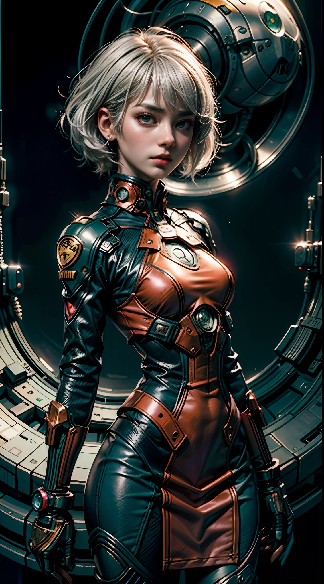 Female warrior monk with short white hair, Dress in a dark green long-sleeved shirt., Stand against a vintage sci-fi background. The artwork was inspired by Moebius and Ashley Wood.