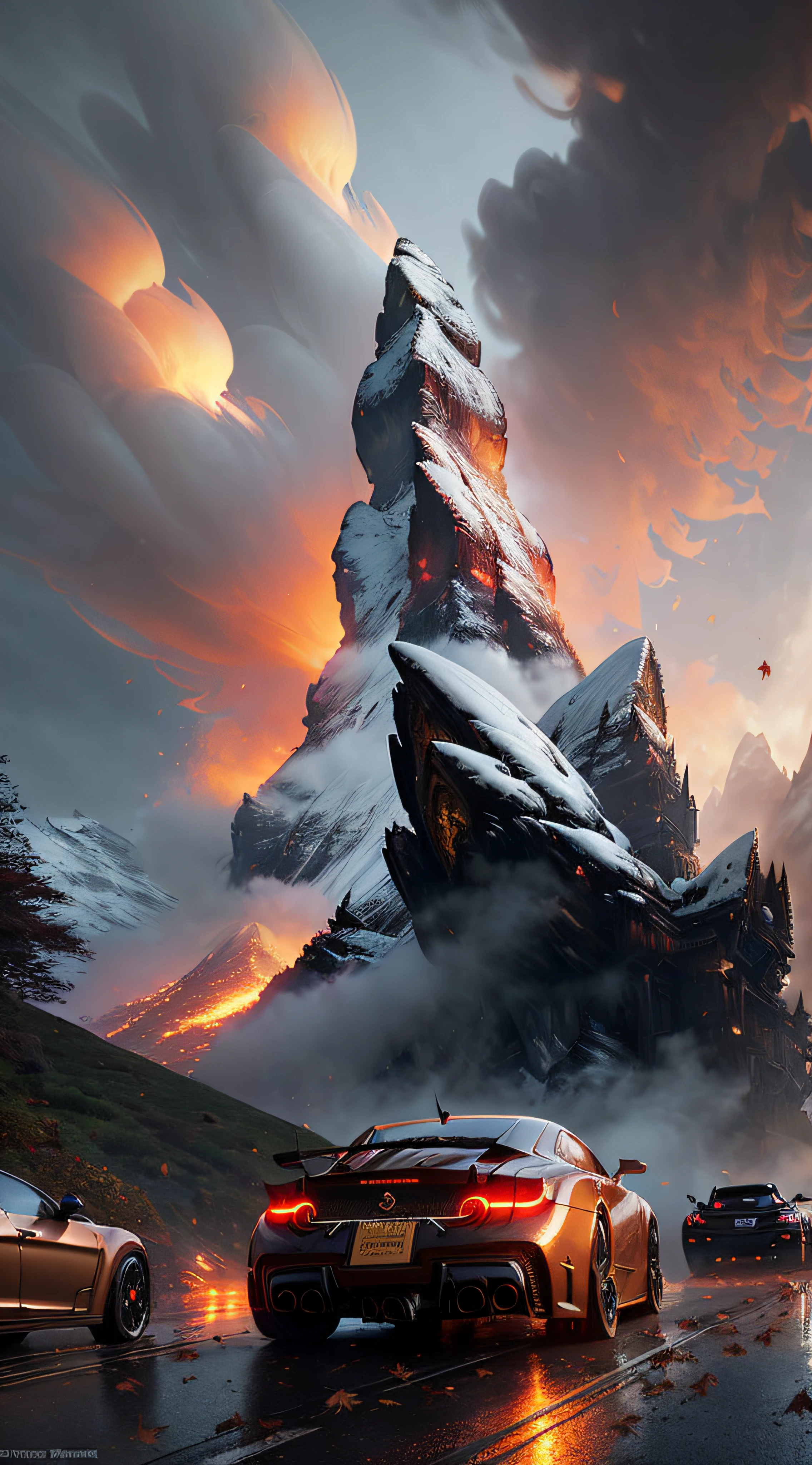 art by greg rutkowski and artgerm, luxurious, wood, falling leaves, intricate, highly detailed evening cityscape of Matterhorn, cars, clockwork, slow motion, from behind, concept art illustration, thick volumetric clouds,