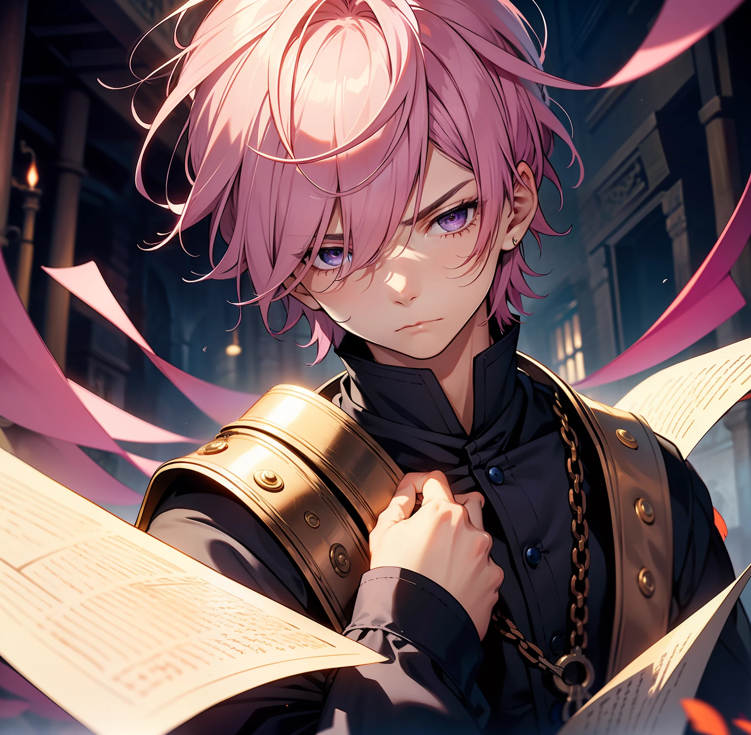 A boy with an indifferent expression,Pink hair with a blue tinge,short detailed hair,Deep purple eyes,Dressed in medieval Western aristocratic clothing,Hold the scroll,Carrying an oil lamp,No bangs,Youthful,magic world background