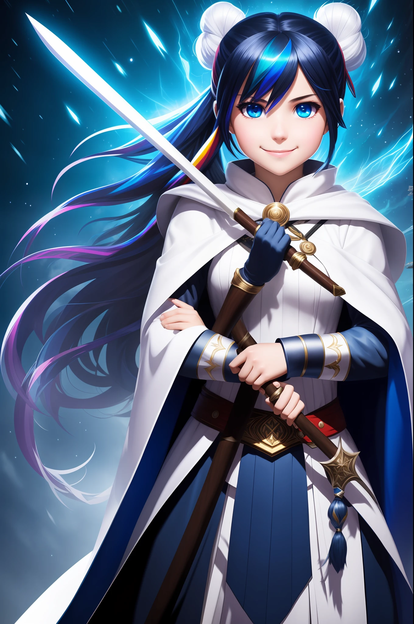 masterpiece, highres, best quality, white wizard cape, 1girl, solo, split colored(blue)(black) hair, smile, multicolored eyes, high quality artstyle, ultra detailed, holding a forst staff in her hands, quality shadows, 8K, ponytail,