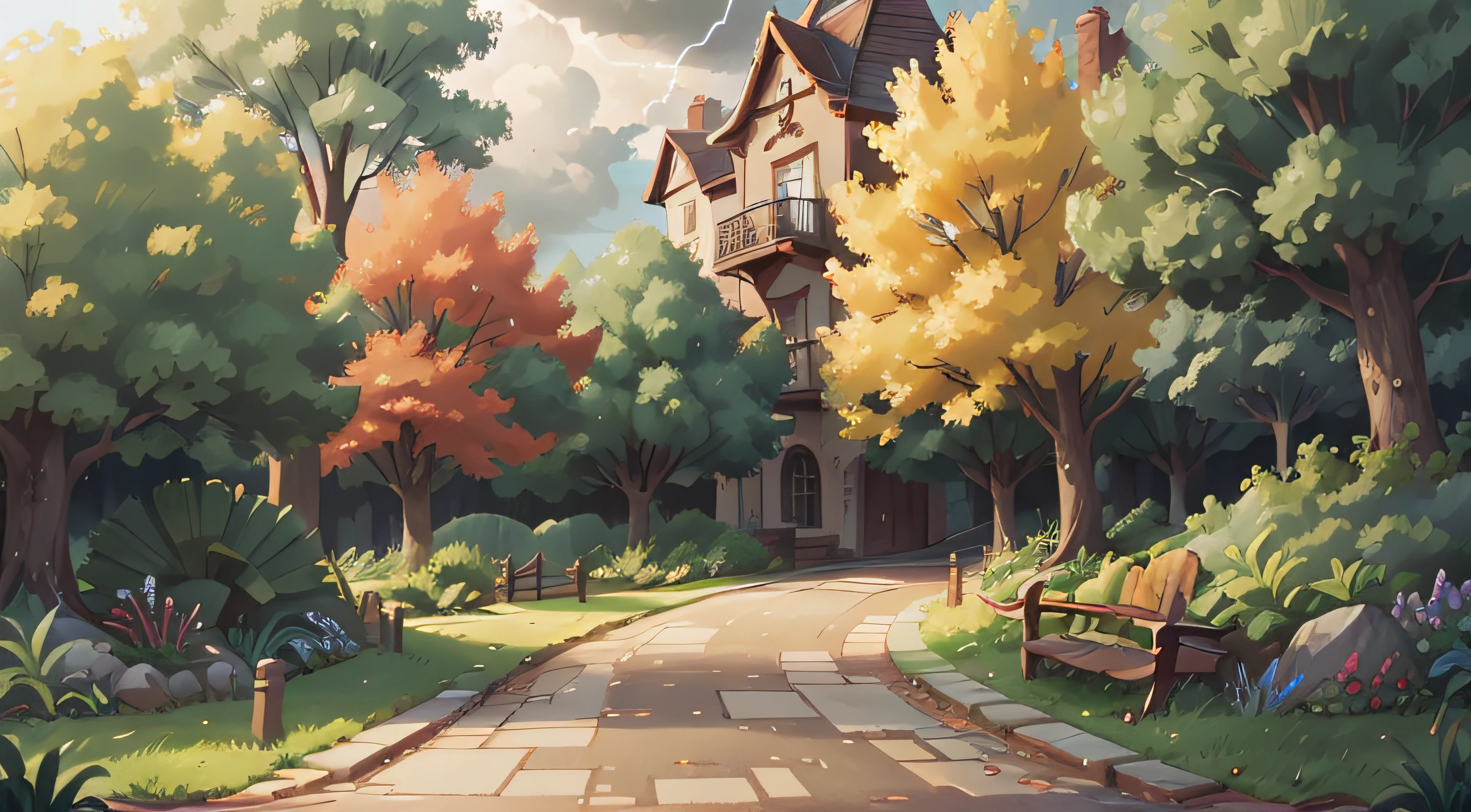 Park path,There are no houses,The sky is dark clouds with lightning