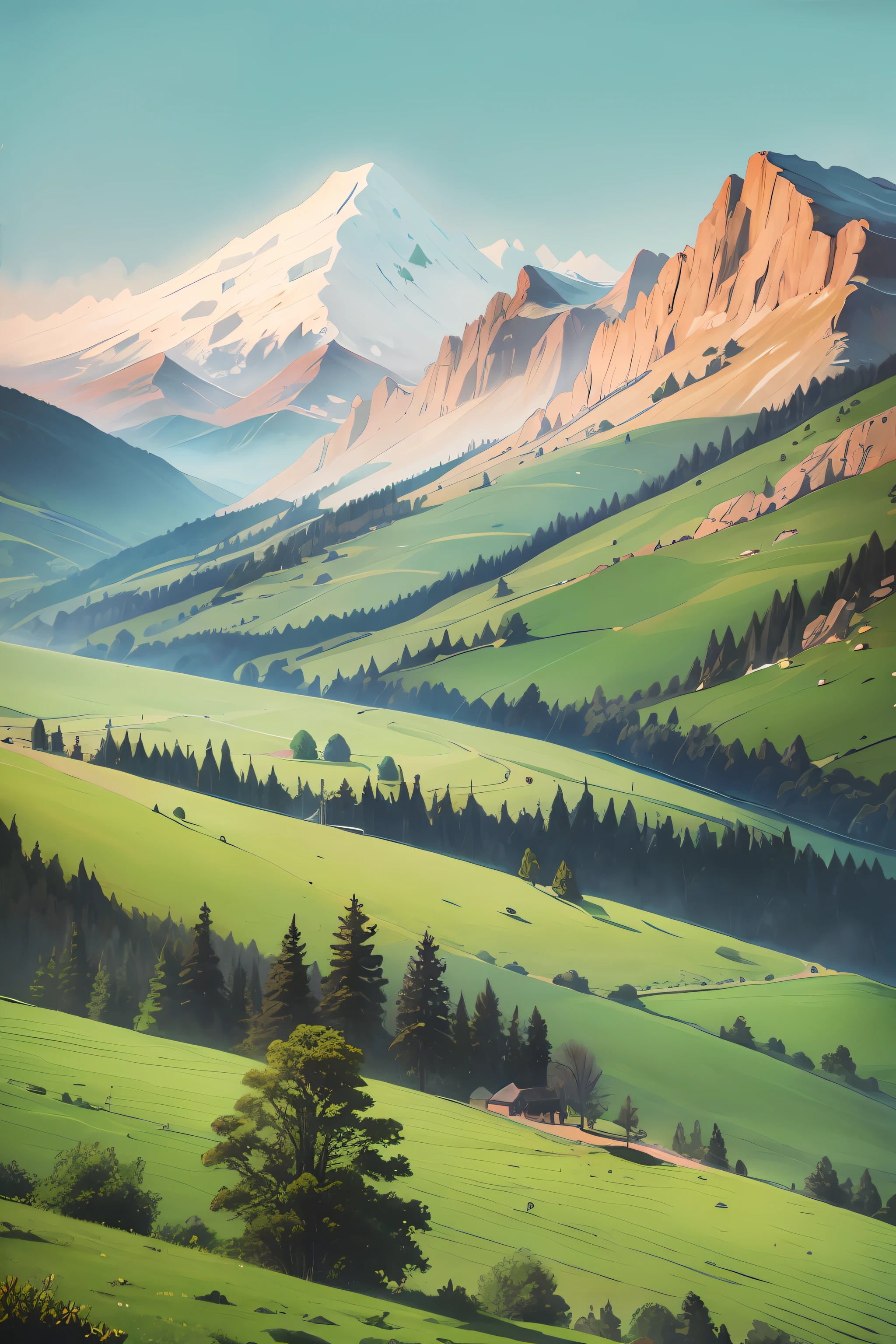 Green hills, Distant mountain ranges, longshot, (masutepiece, High quality), ((pastel art))