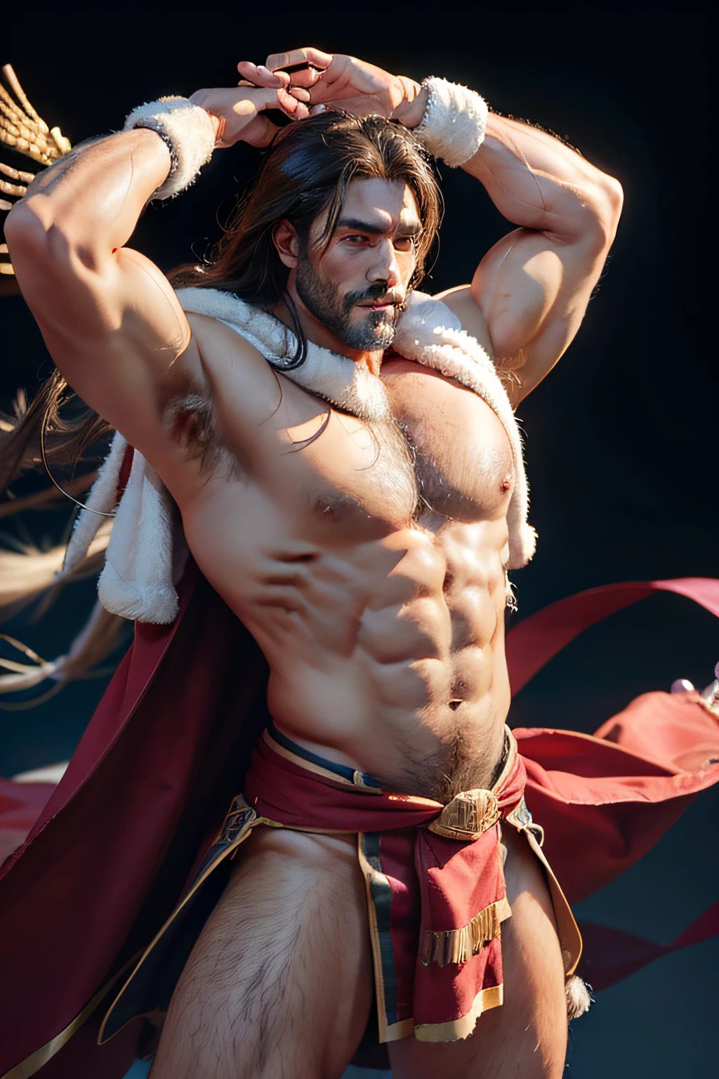 A middle-aged man flying in the sky on a magic carpet，Arms spread wide，super high image quality，the detail，musculous, Muscular body,Asia face，attractive beefy man,50-year-old man ，sport, big muscular man, partially male hairy torso, Wet pubic hair，perspire，Drenched， musculous, Muscular body, hairy chest and hairy body, loincloth