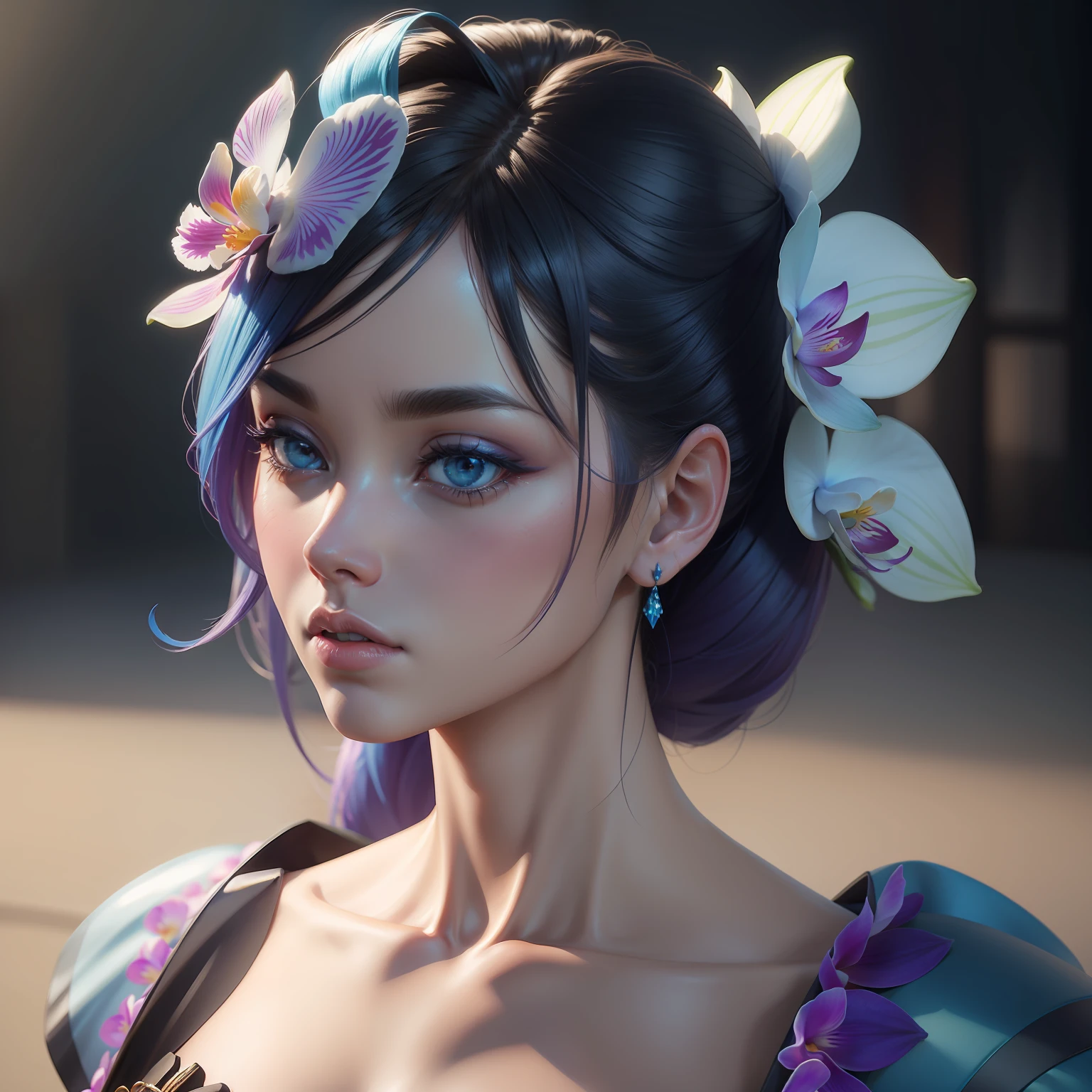 orchids, super realista, hiper realista, azul, rosa e roxa, HD, 8K, 3D.