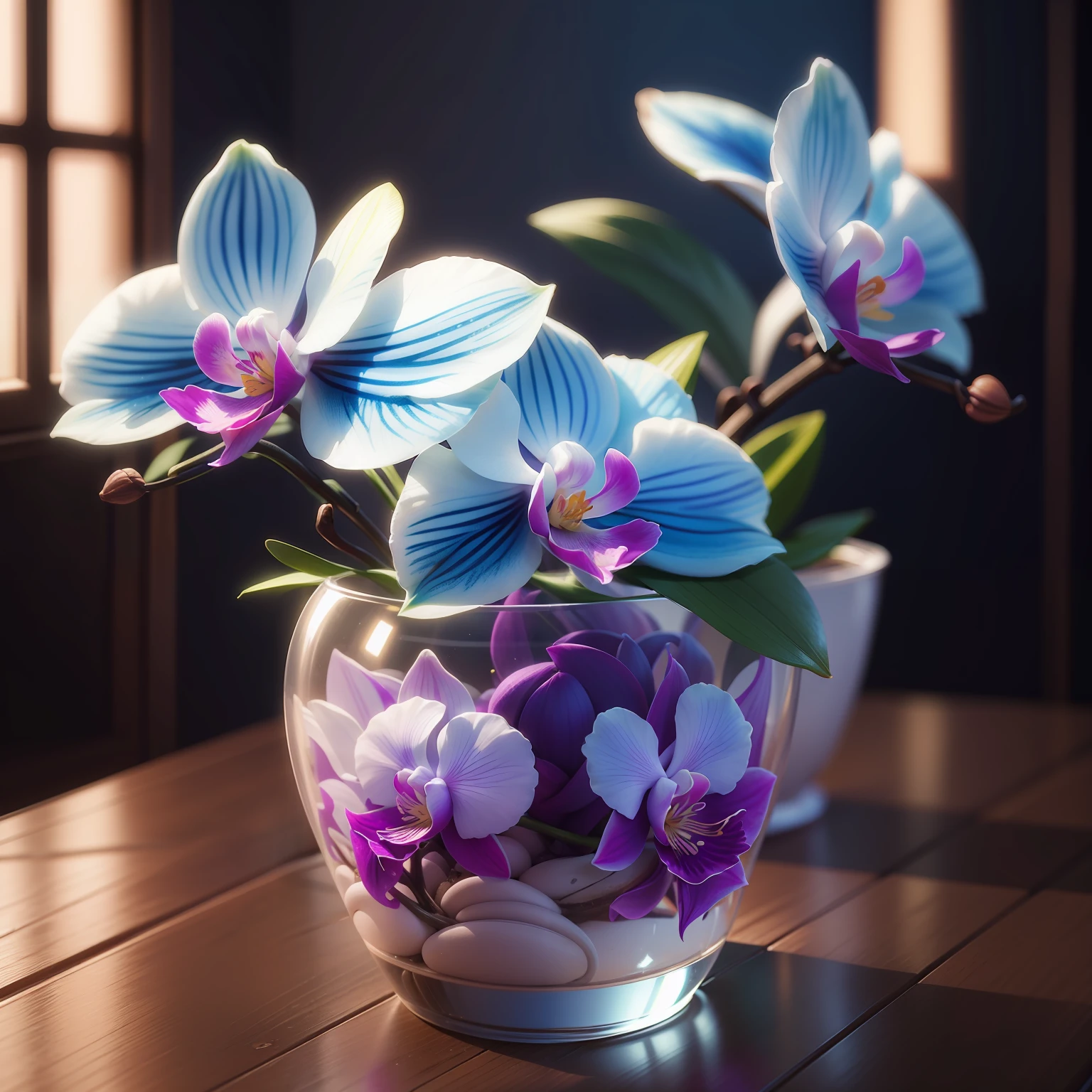 orchids, super realista, hiper realista, azul, rosa e roxa, HD, 8K, 3D.