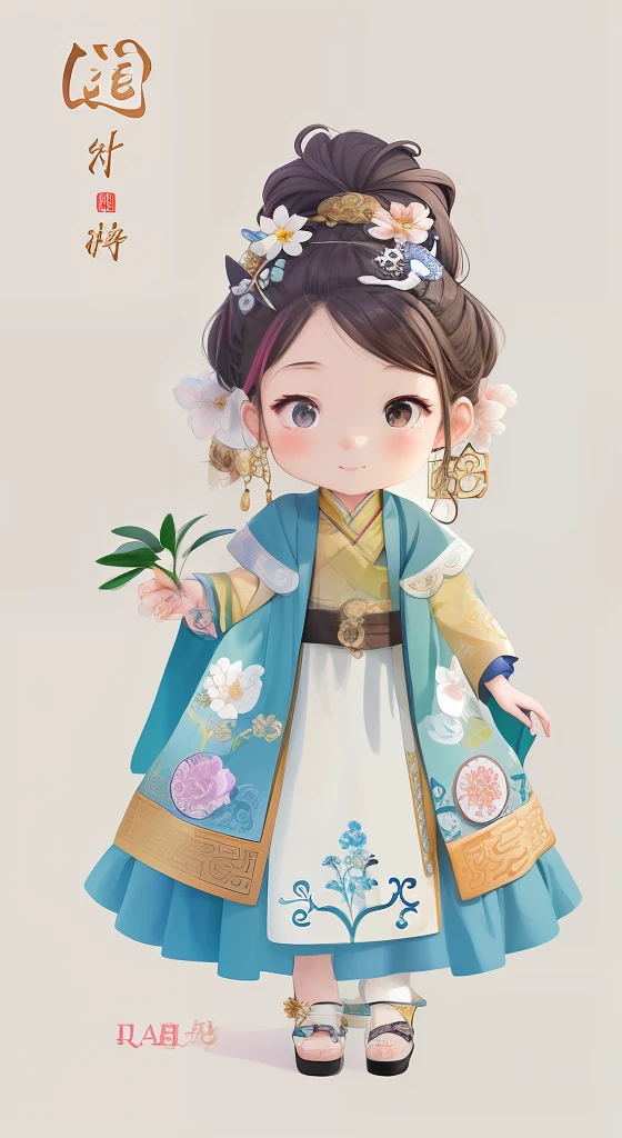 A cartoon girl in a white dress holds a flower, Palace ， A girl in Hanfu, China Princess, Beautiful character painting, Chinese girl, Princesa chinesa antiga, A beautiful artwork illustration, Inspired by Zou Yigui, inspired by Park Hua, Chinese costume, author：Qu Leilei, Cute detailed digital art, Chinese dress, lovely digital painting, inspired by Mei Qing，Miniature villains，Miniature villain，，Full body like，fully body photo，Q version