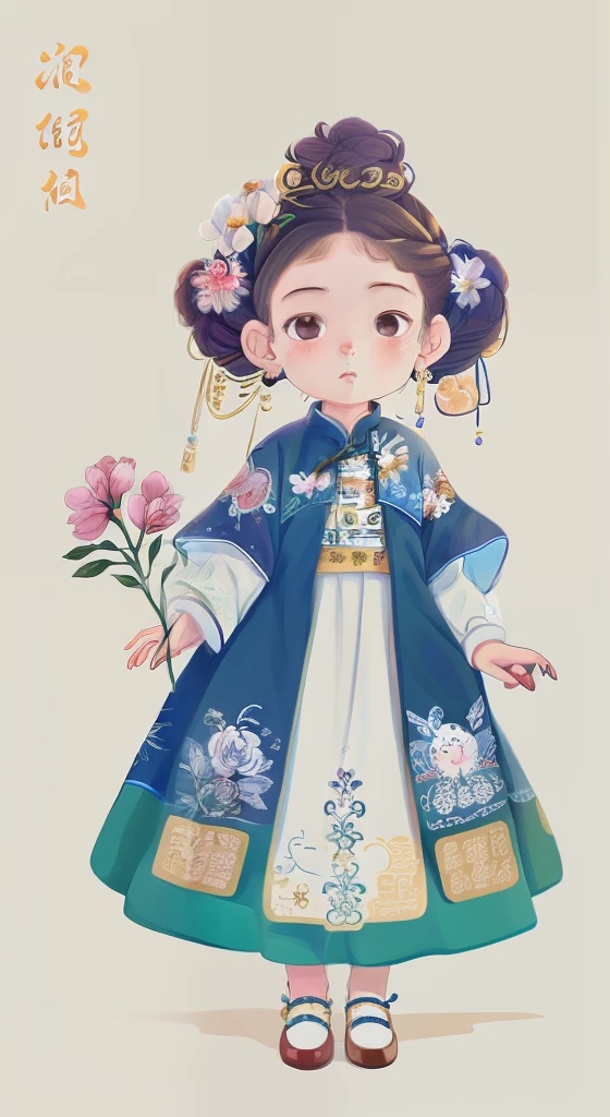 A cartoon girl in a white dress holds a flower, Palace ， A girl in Hanfu, China Princess, Beautiful character painting, Chinese girl, Princesa chinesa antiga, A beautiful artwork illustration, Inspired by Zou Yigui, inspired by Park Hua, Chinese costume, author：Qu Leilei, Cute detailed digital art, Chinese dress, lovely digital painting, inspired by Mei Qing，Miniature villains，Miniature villain，，Full body like，fully body photo，Q version