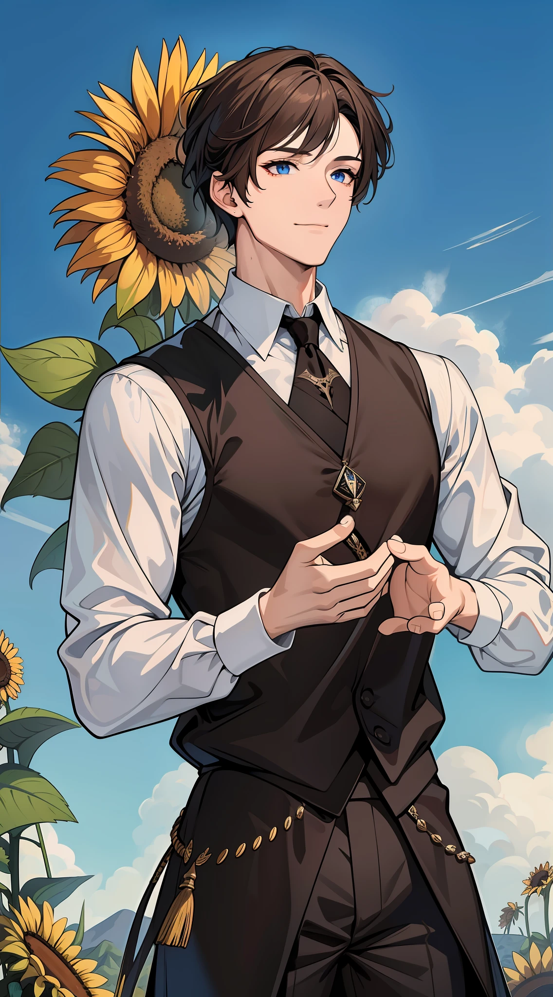 (absurdres, highres, ultra detailed, HDR, ultra HD, best quality), 1 male, adult, male focus, handsome, tall muscular guy, broad shoulders, finely detailed eyes, light blue eyes, brown color hair, wearing black vest, fantasy, complex pattern, detailed face, magic effect, sunflower field, blue sky theme, cold snap, smile, (dutch angle), closed mouth