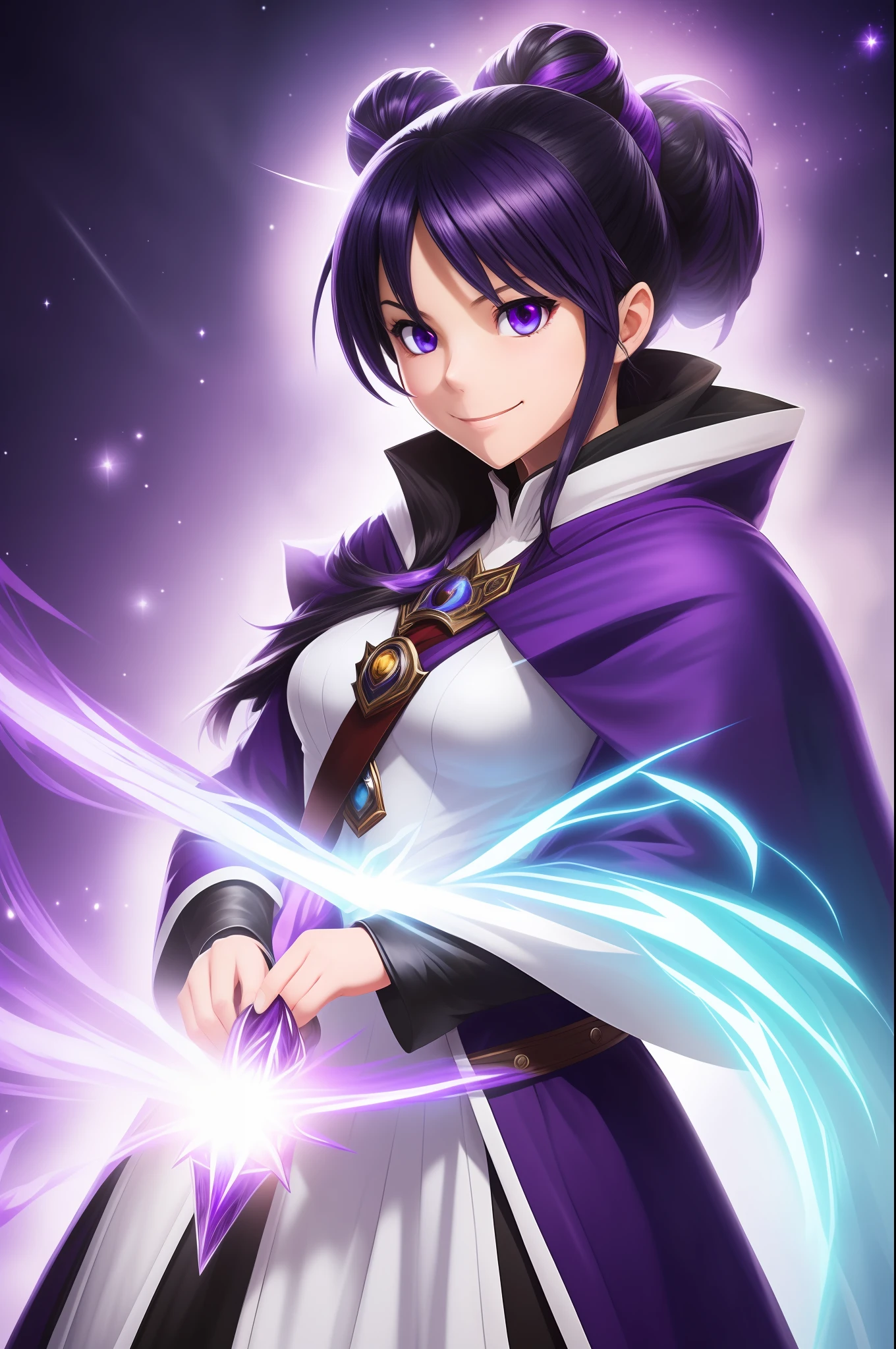 masterpiece, highres, best quality, white wizard cape, 1girl, solo, split colored(blue) (purple) (black) hair, smile, multicolored eyes, high quality artstyle, ultra detailed, holding a frost magic in her hands, quality shadows, 8K, ponytail,