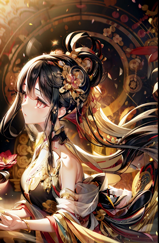Mature girl , black hair, floating hair, delicate and smart eyes, starry pupils, intricate damask hanfu, gorgeous accessories, wearing pearl earrings, FOV, f1.8, masterpiece, complex scene, flower petals flying, front portrait shot, Chang'e