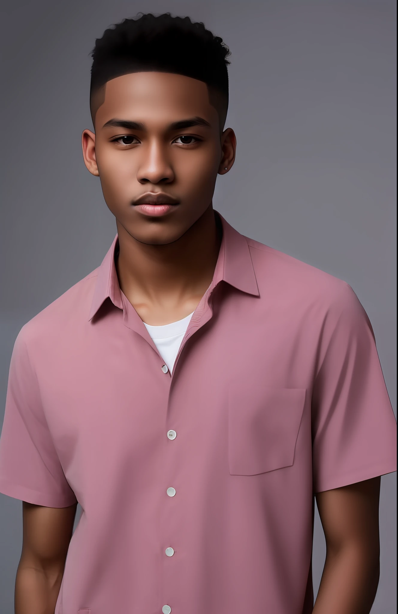 Black guy, thin face, has slightly pink lips, has dark brown eyes and slightly clenched, small and pointed nose and he is 18 years old, 1.68m tall, thin, has coiled hair skin fade